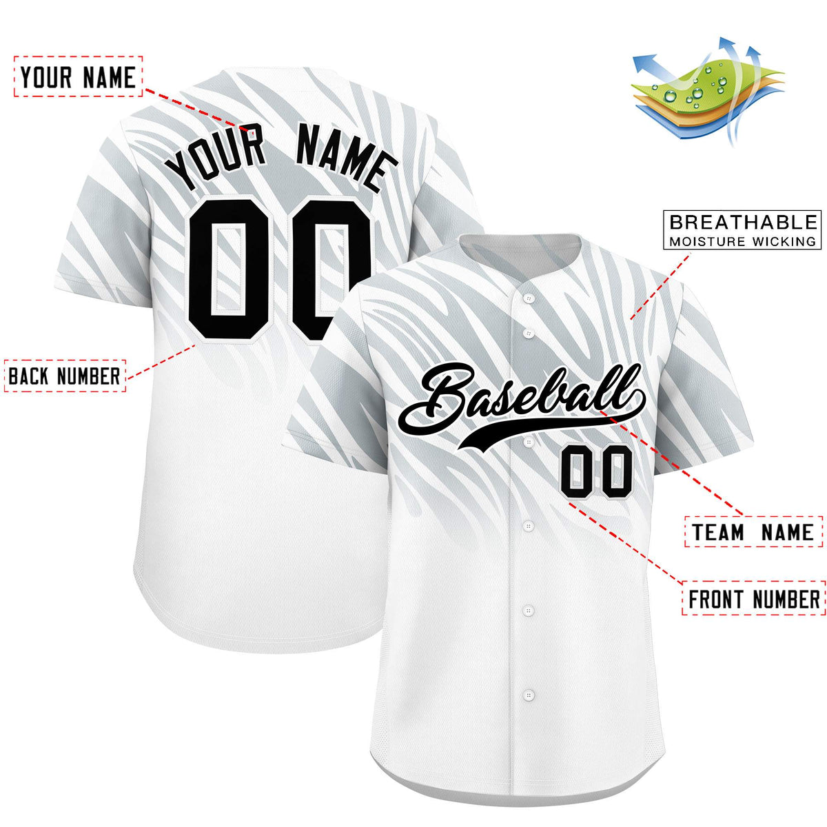 Custom Silver White Tiger Stripe Gradient Animal Print Personalized Team Shirt Baseball Jersey