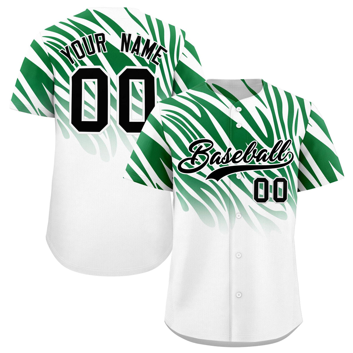 Custom Kelly Green White Tiger Stripe Gradient Animal Print Personalized Team Shirt Baseball Jersey