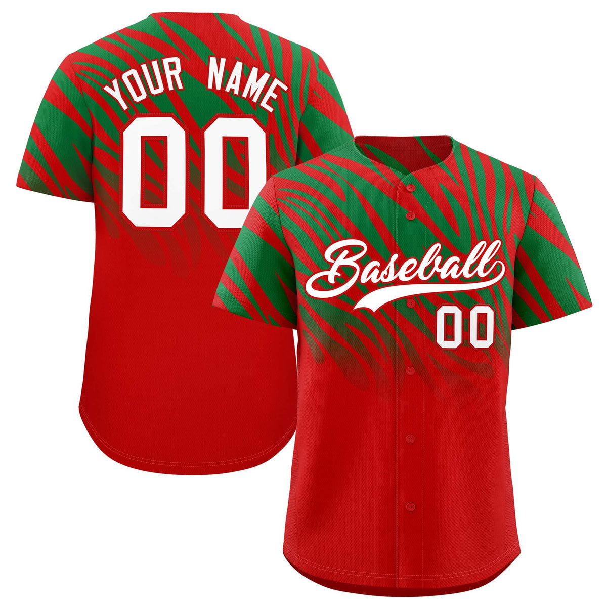 Custom Kelly Green Red Tiger Stripe Gradient Animal Print Personalized Team Shirt Baseball Jersey