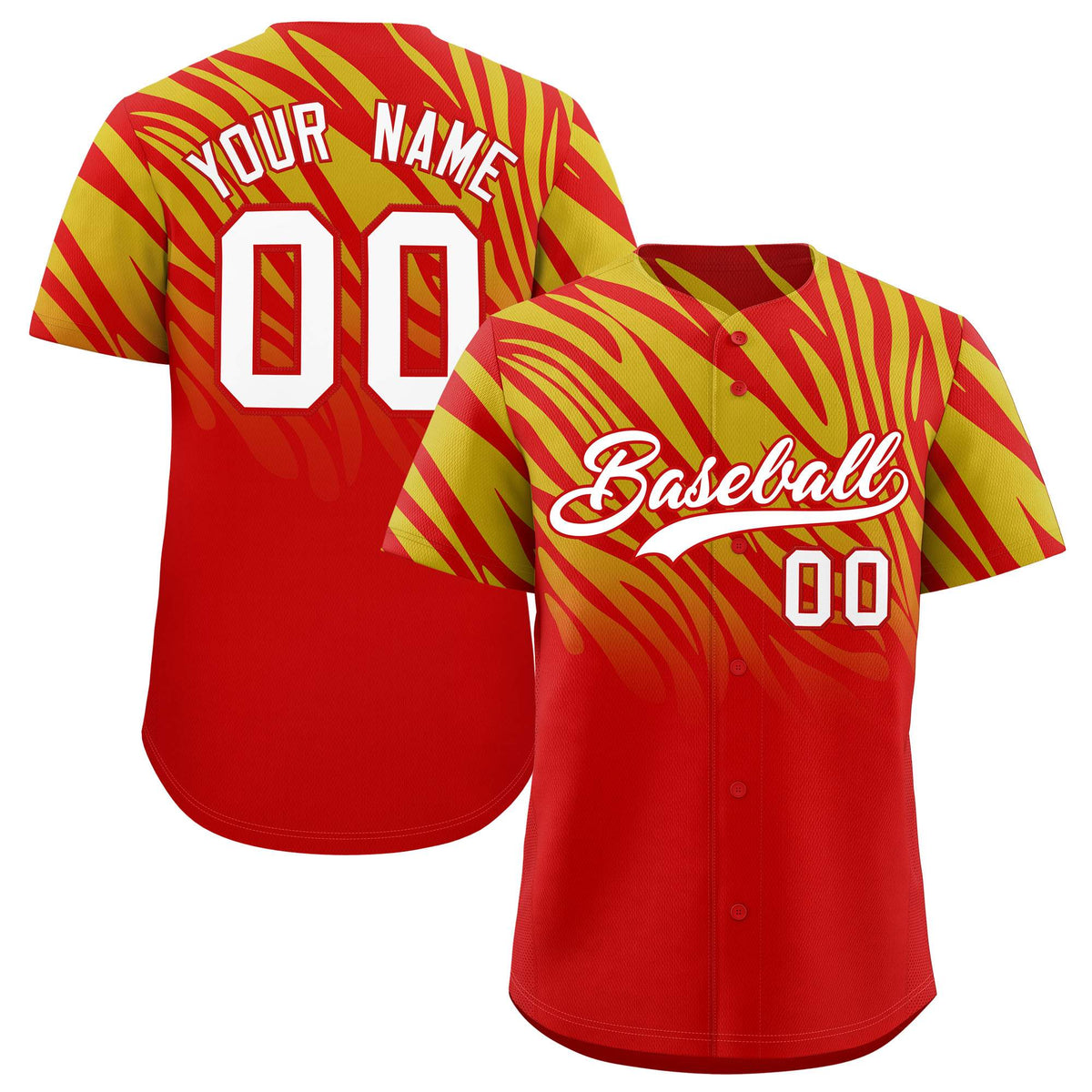 Custom Old Gold Red Tiger Stripe Gradient Animal Print Personalized Team Shirt Baseball Jersey