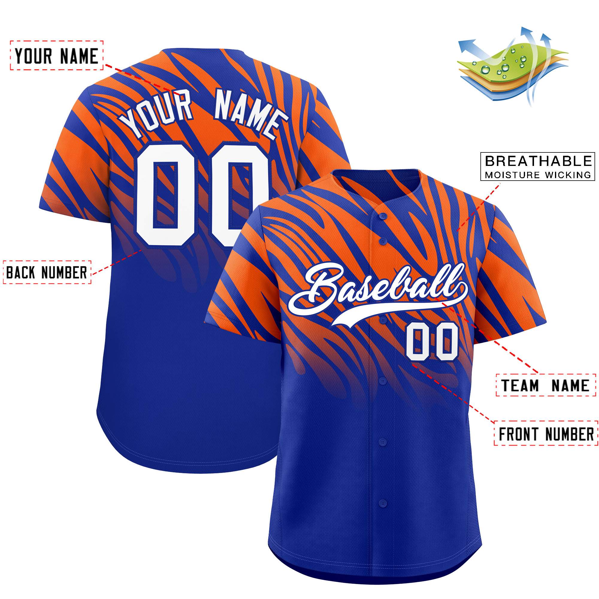 Custom Royal Orange Tiger Stripe Gradient Animal Print Personalized Team Shirt Baseball Jersey