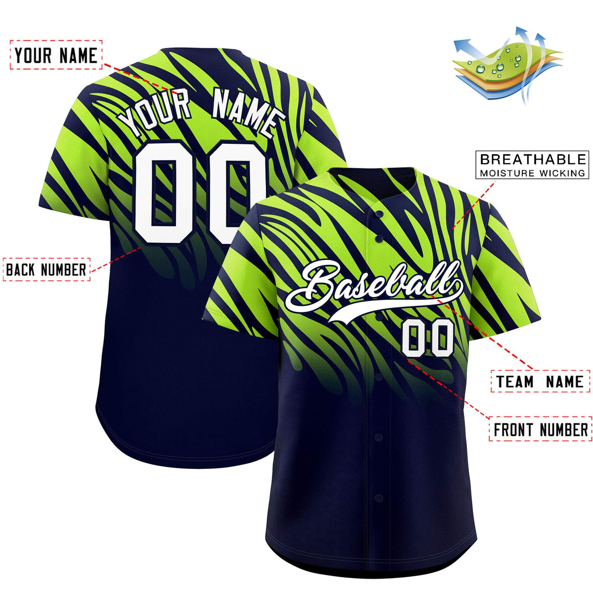 Custom Navy Neon Green Tiger Stripe Gradient Animal Print Personalized Team Shirt Baseball Jersey