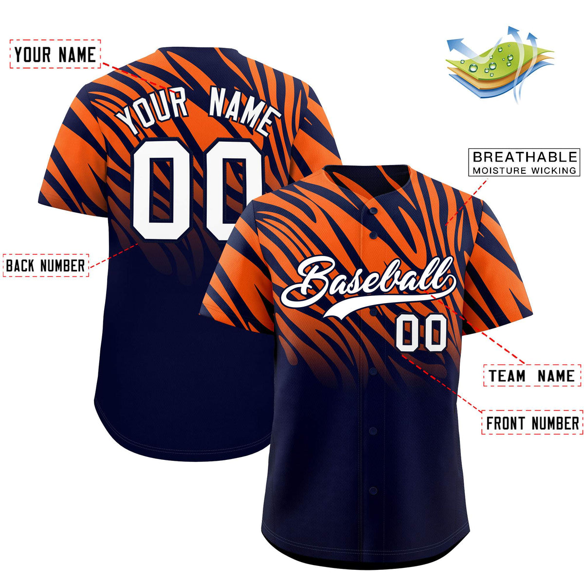 Custom Navy Orange Tiger Stripe Gradient Animal Print Personalized Team Shirt Baseball Jersey