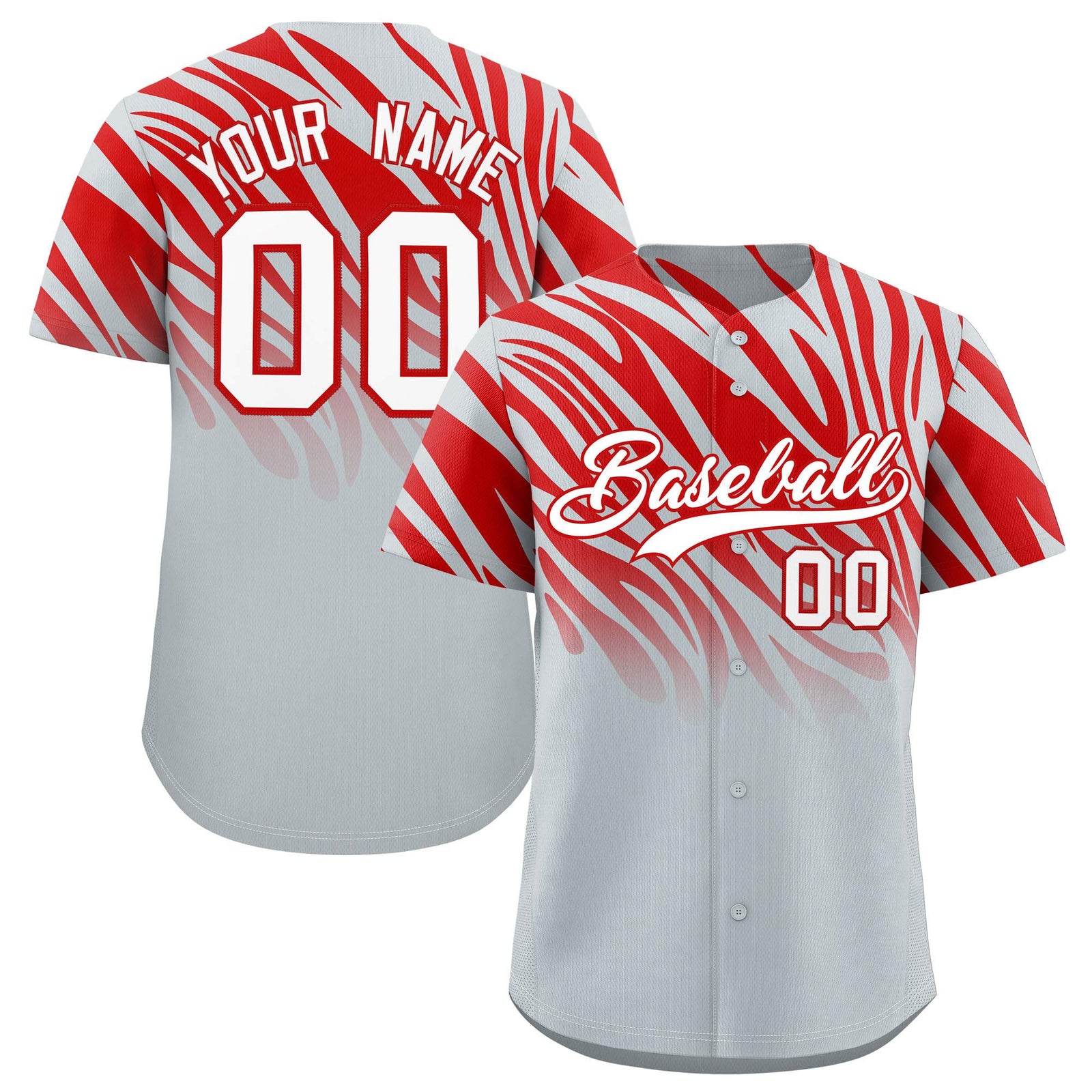 Custom Red Silver Tiger Stripe Gradient Animal Print Personalized Team Shirt Baseball Jersey