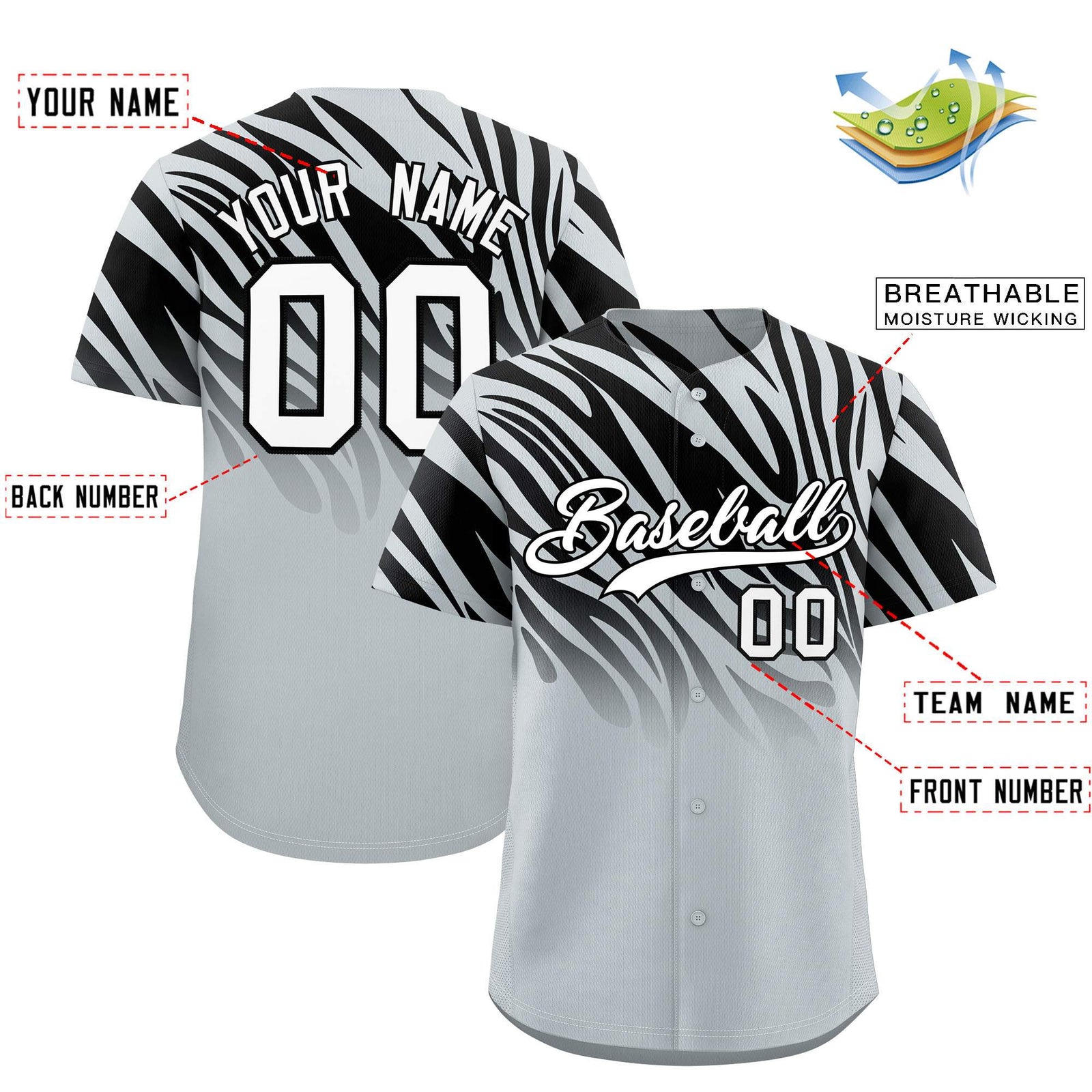 Custom Black Silver Tiger Stripe Gradient Animal Print Personalized Team Shirt Baseball Jersey