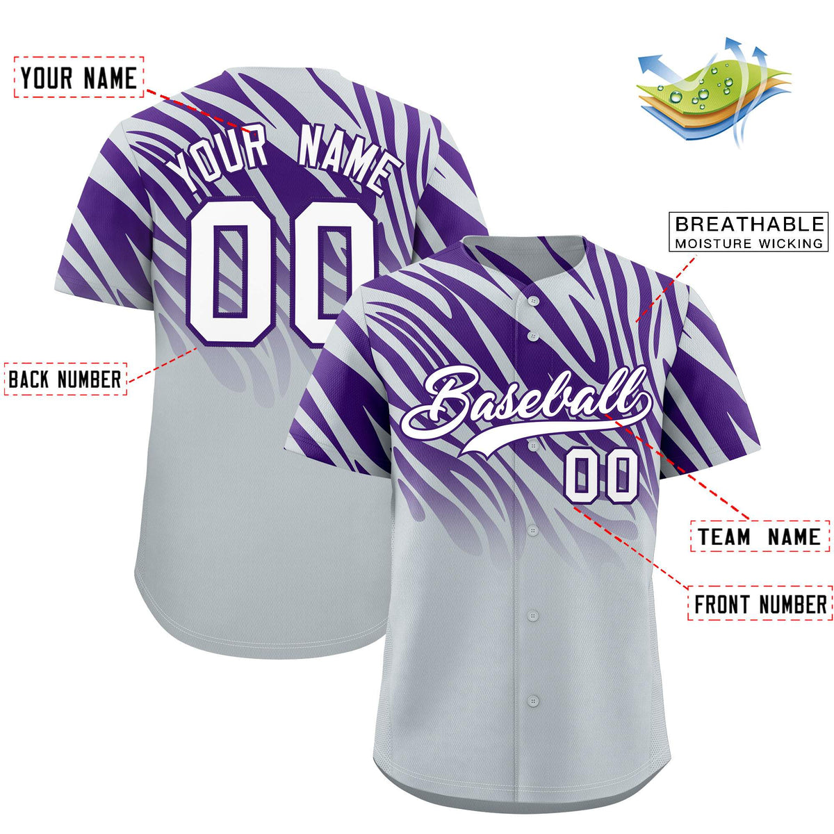 Custom Purple Silver Tiger Stripe Gradient Animal Print Personalized Team Shirt Baseball Jersey