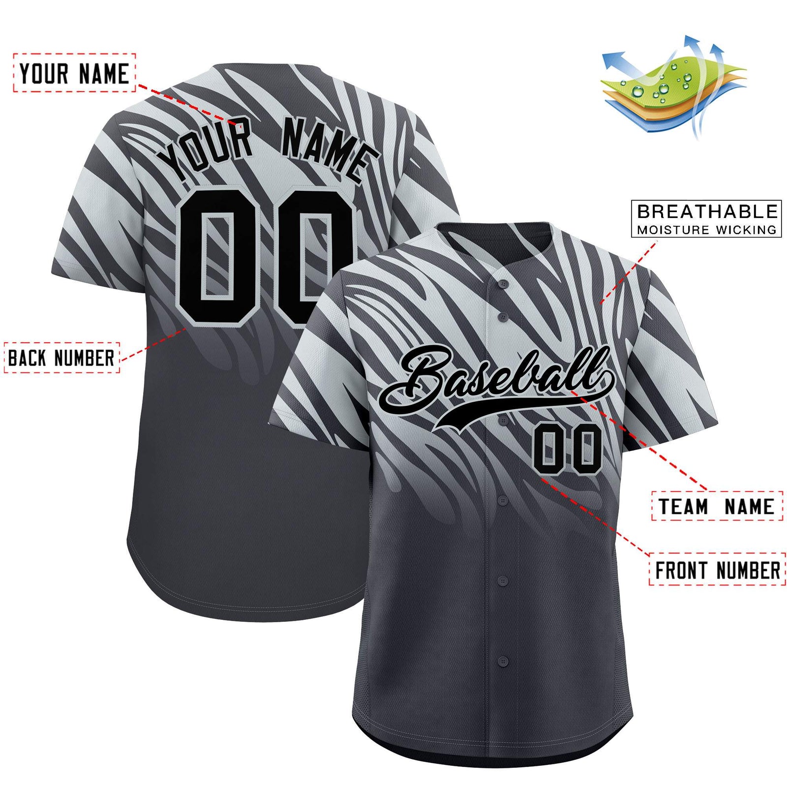 Custom Gray Silver Tiger Stripe Gradient Animal Print Personalized Team Shirt Baseball Jersey