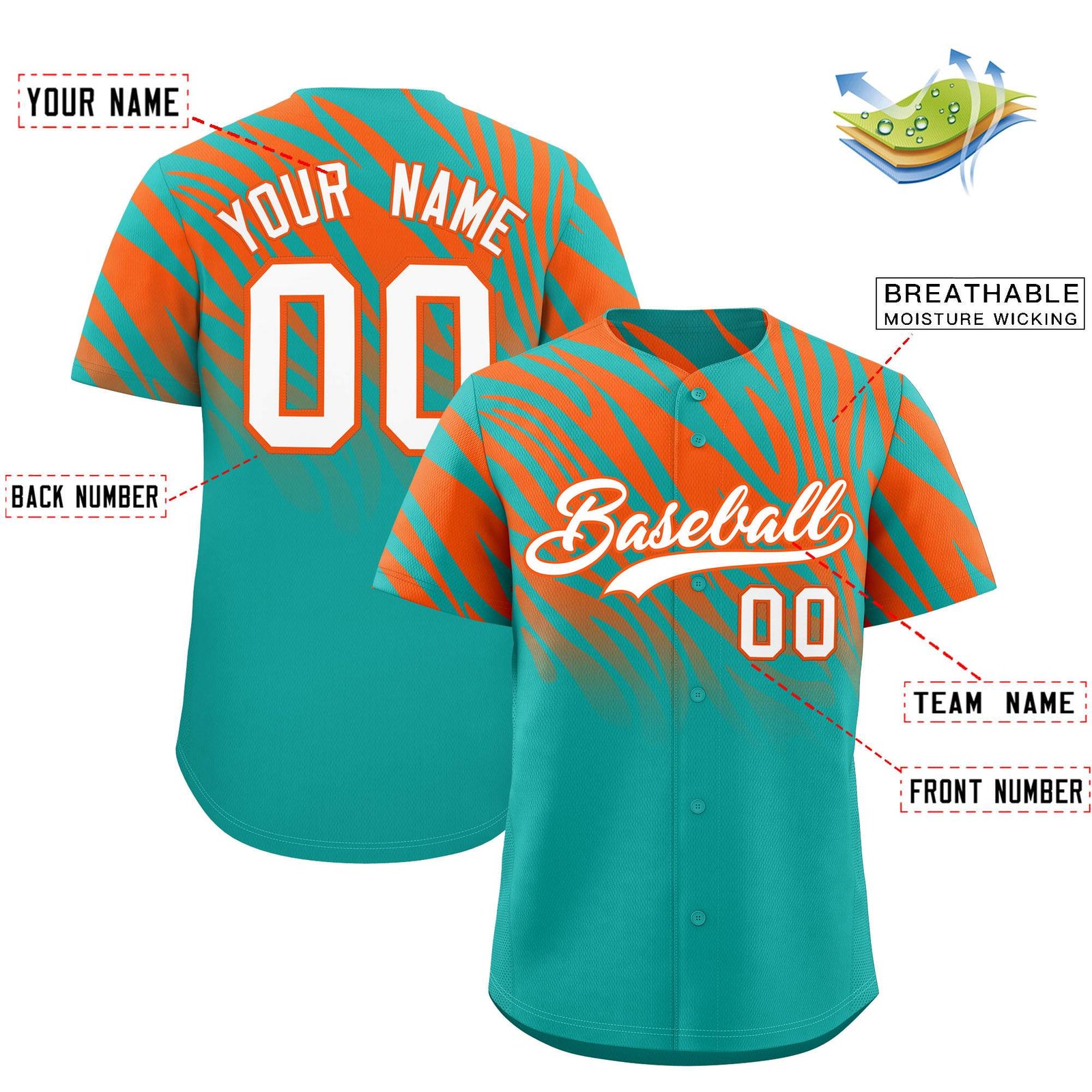 Custom Aqua Orange Tiger Stripe Gradient Animal Print Personalized Team Shirt Baseball Jersey