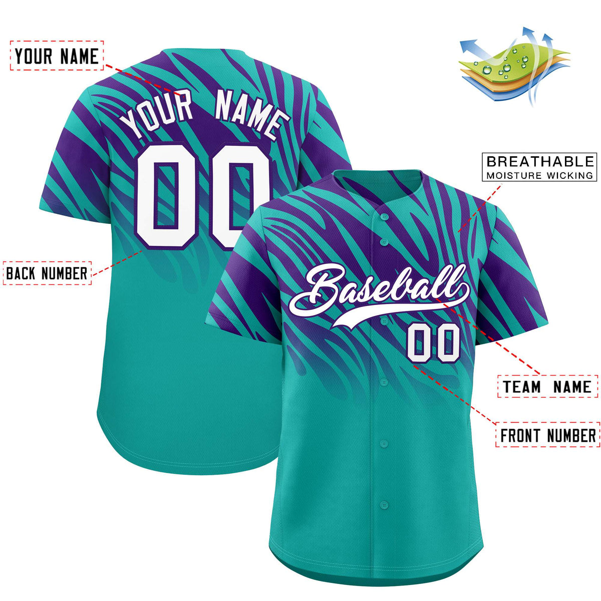 Custom Aqua Purple Tiger Stripe Gradient Animal Print Personalized Team Shirt Baseball Jersey