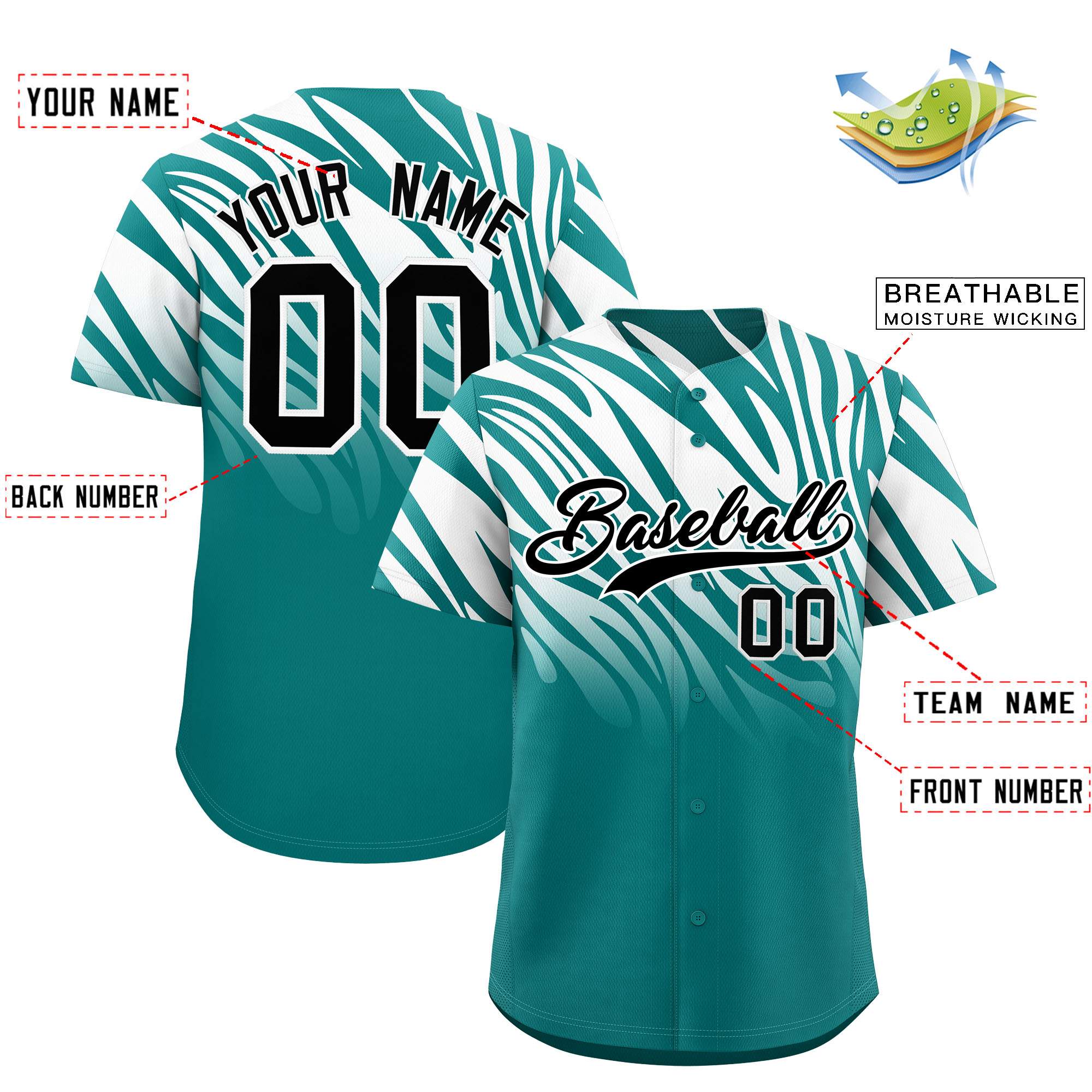 Custom Aqua White Tiger Stripe Gradient Animal Print Personalized Team Shirt Baseball Jersey