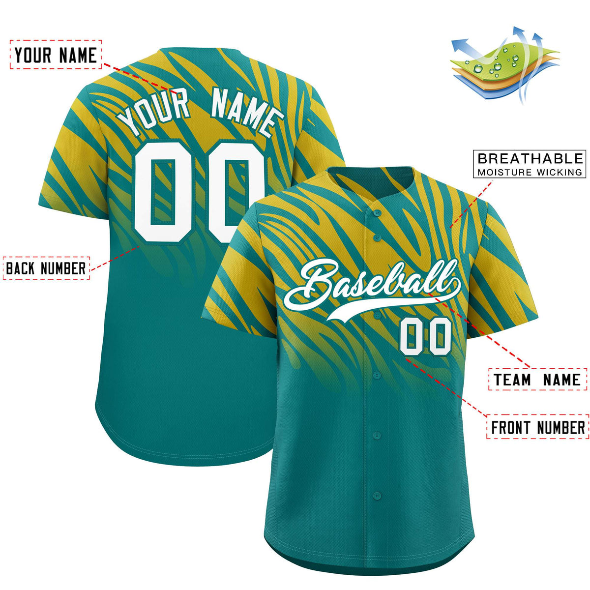 Custom Aqua Old Gold Tiger Stripe Gradient Animal Print Personalized Team Shirt Baseball Jersey