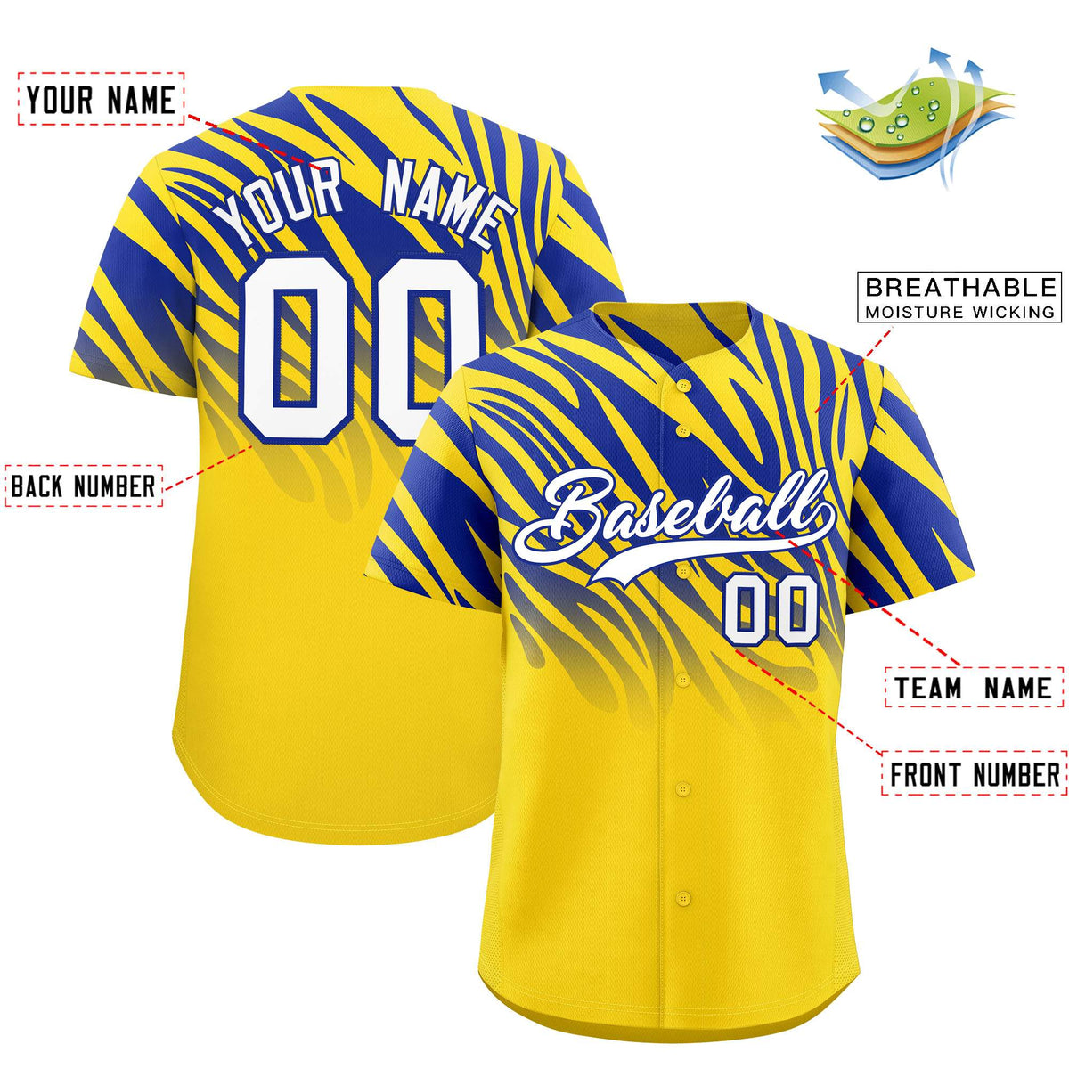 Custom Gold Royal Tiger Stripe Gradient Animal Print Personalized Team Shirt Baseball Jersey