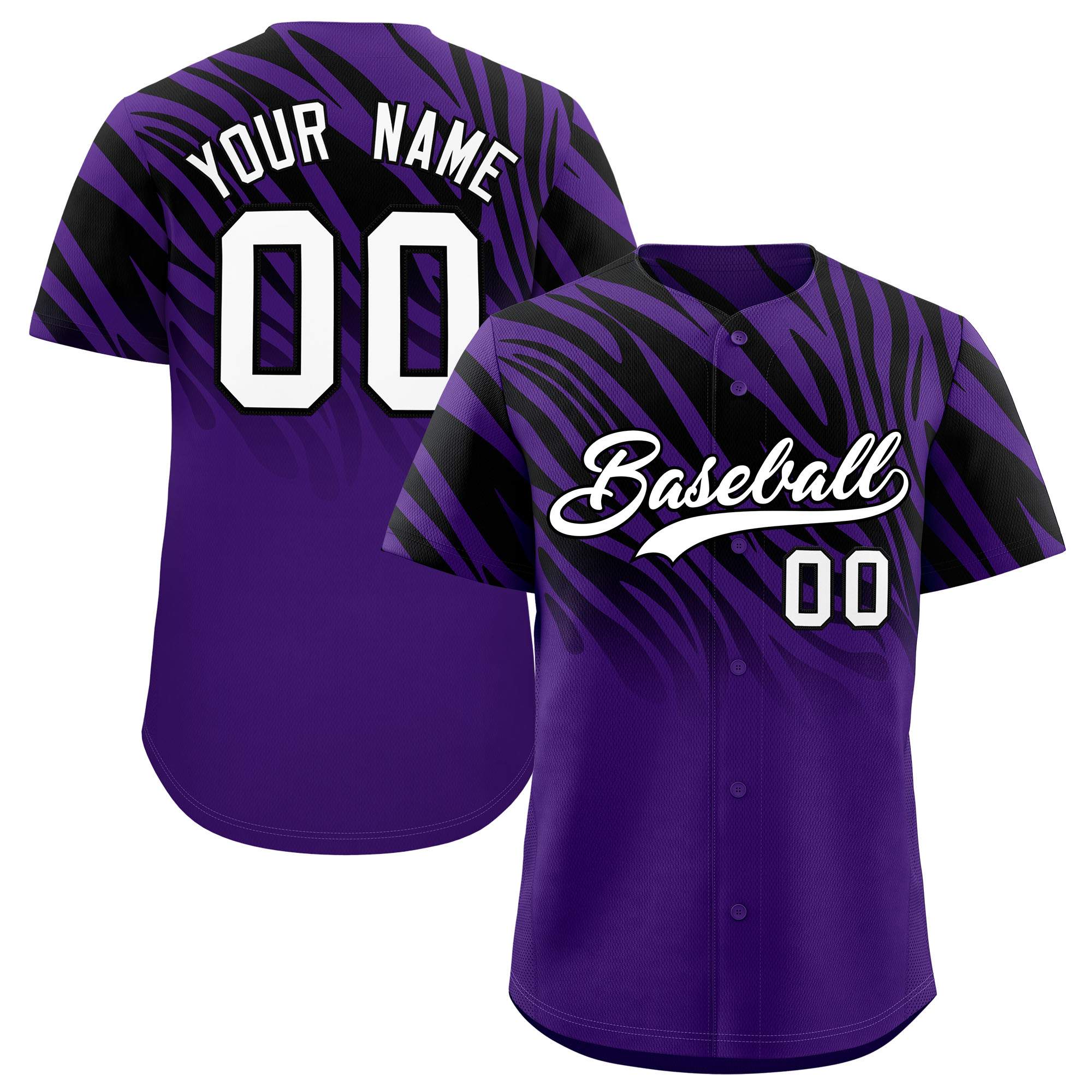 Custom Black Purple Tiger Stripe Gradient Animal Print Personalized Team Shirt Baseball Jersey