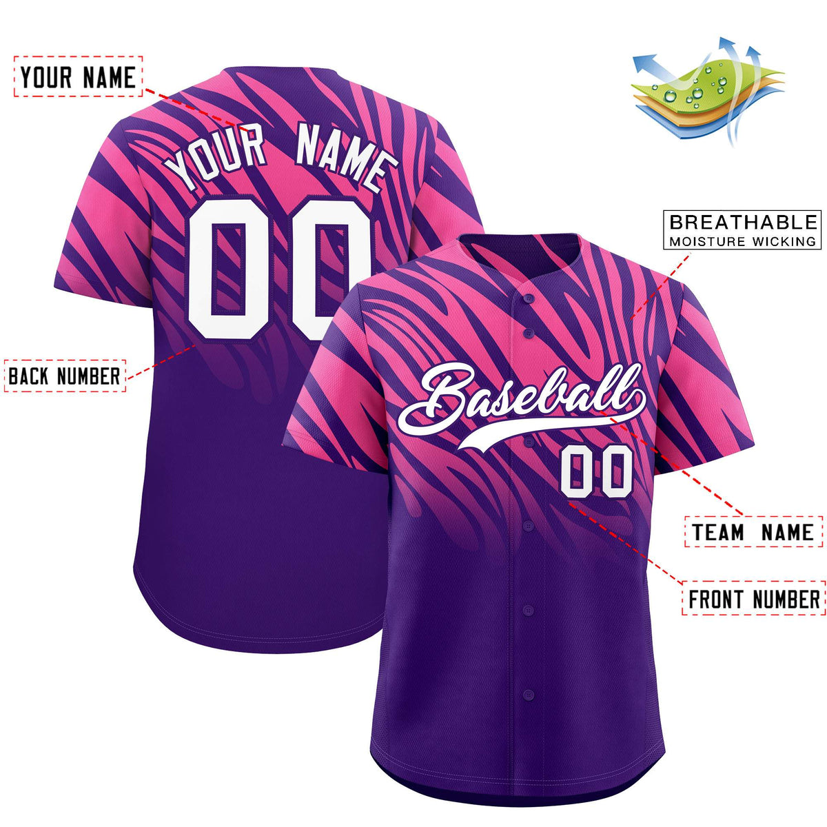 Custom Purple Pink Tiger Stripe Gradient Animal Print Personalized Team Shirt Baseball Jersey