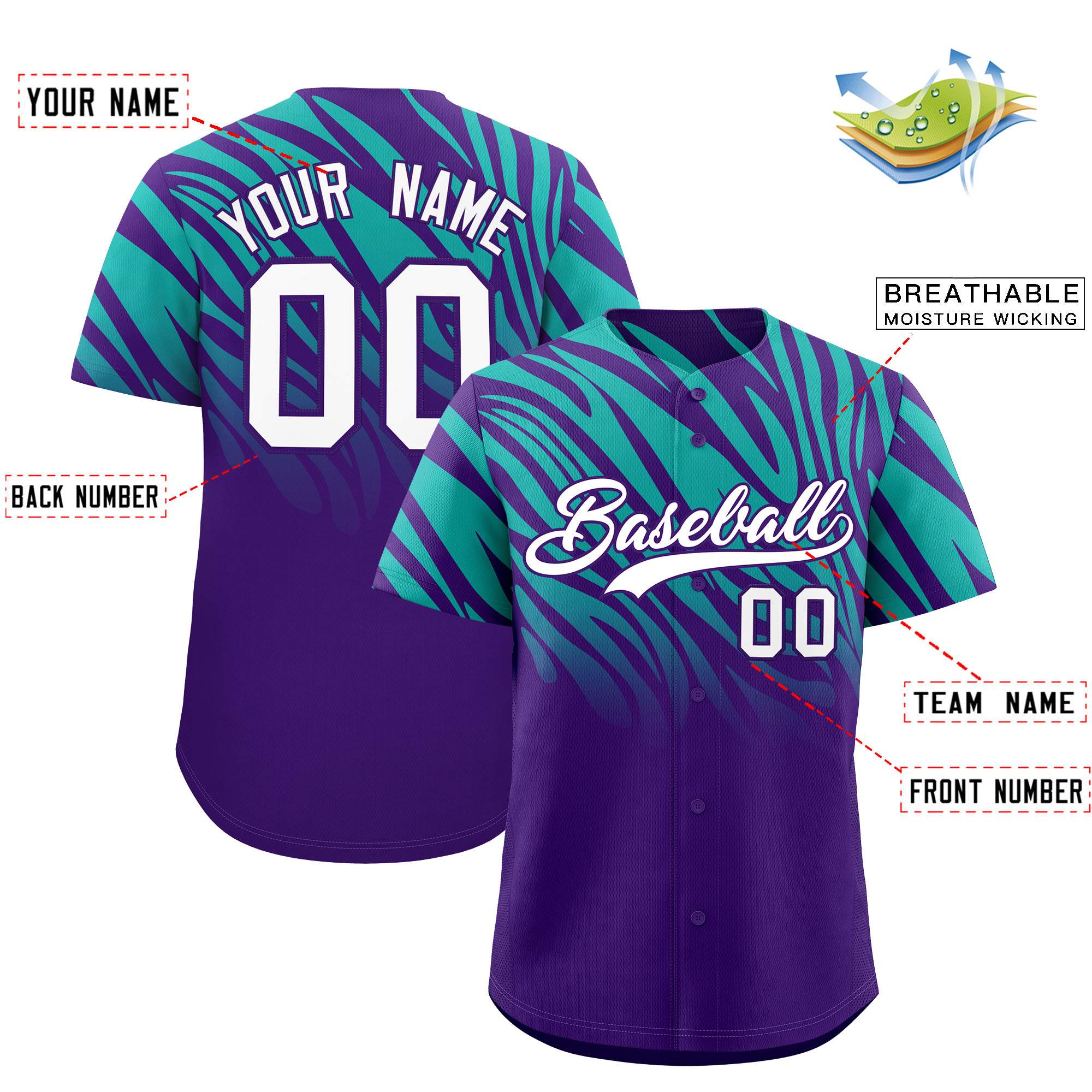 Custom Purple Aqua Tiger Stripe Gradient Animal Print Personalized Team Shirt Baseball Jersey