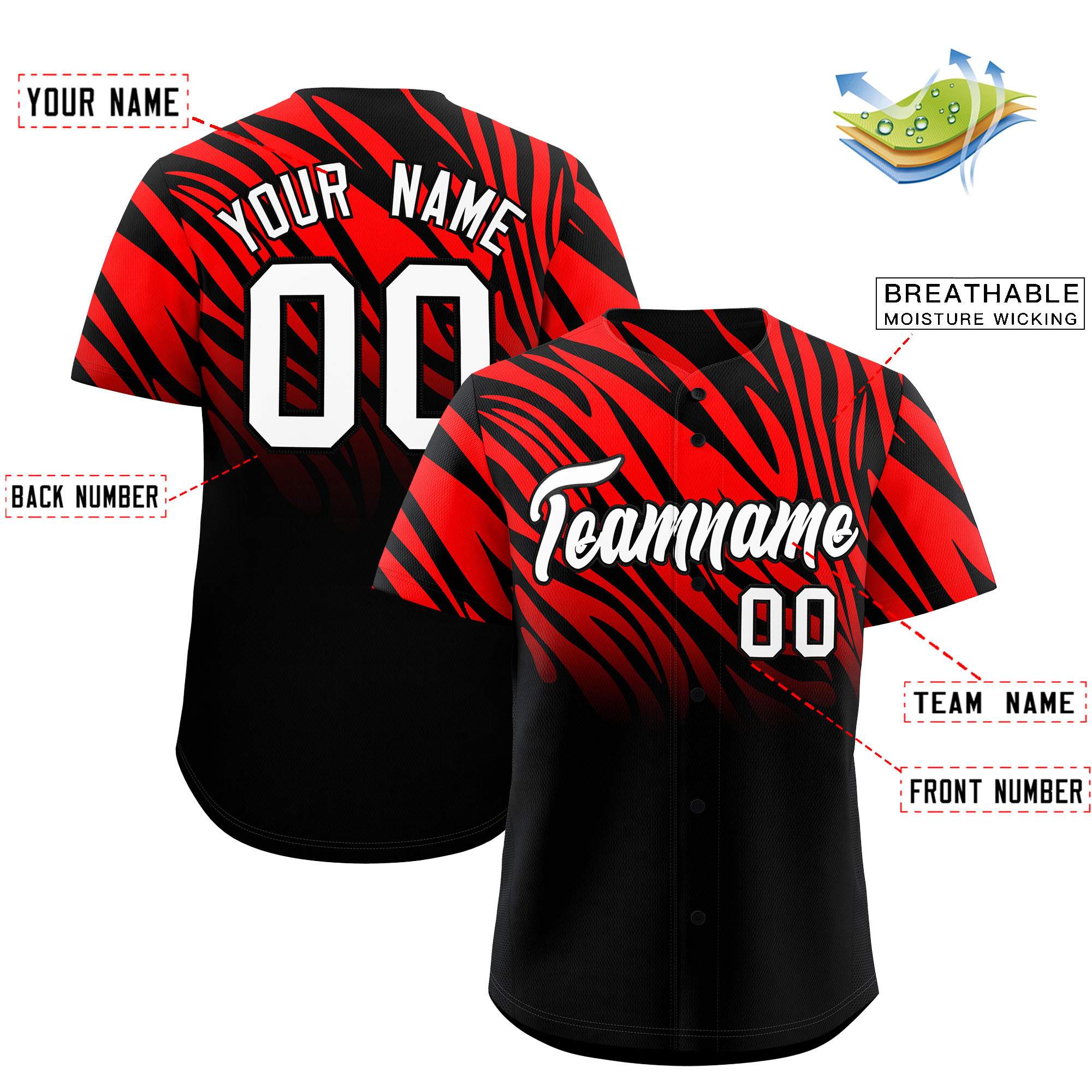 Custom Red Black Tiger Stripe Gradient Animal Print Personalized Team Shirt Baseball Jersey