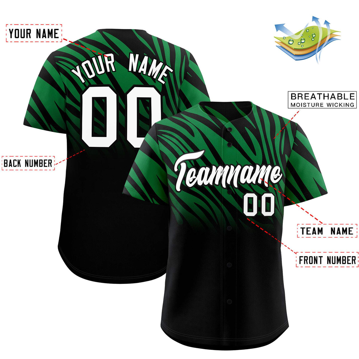 Custom Kelly Green Black Tiger Stripe Gradient Animal Print Personalized Team Shirt Baseball Jersey