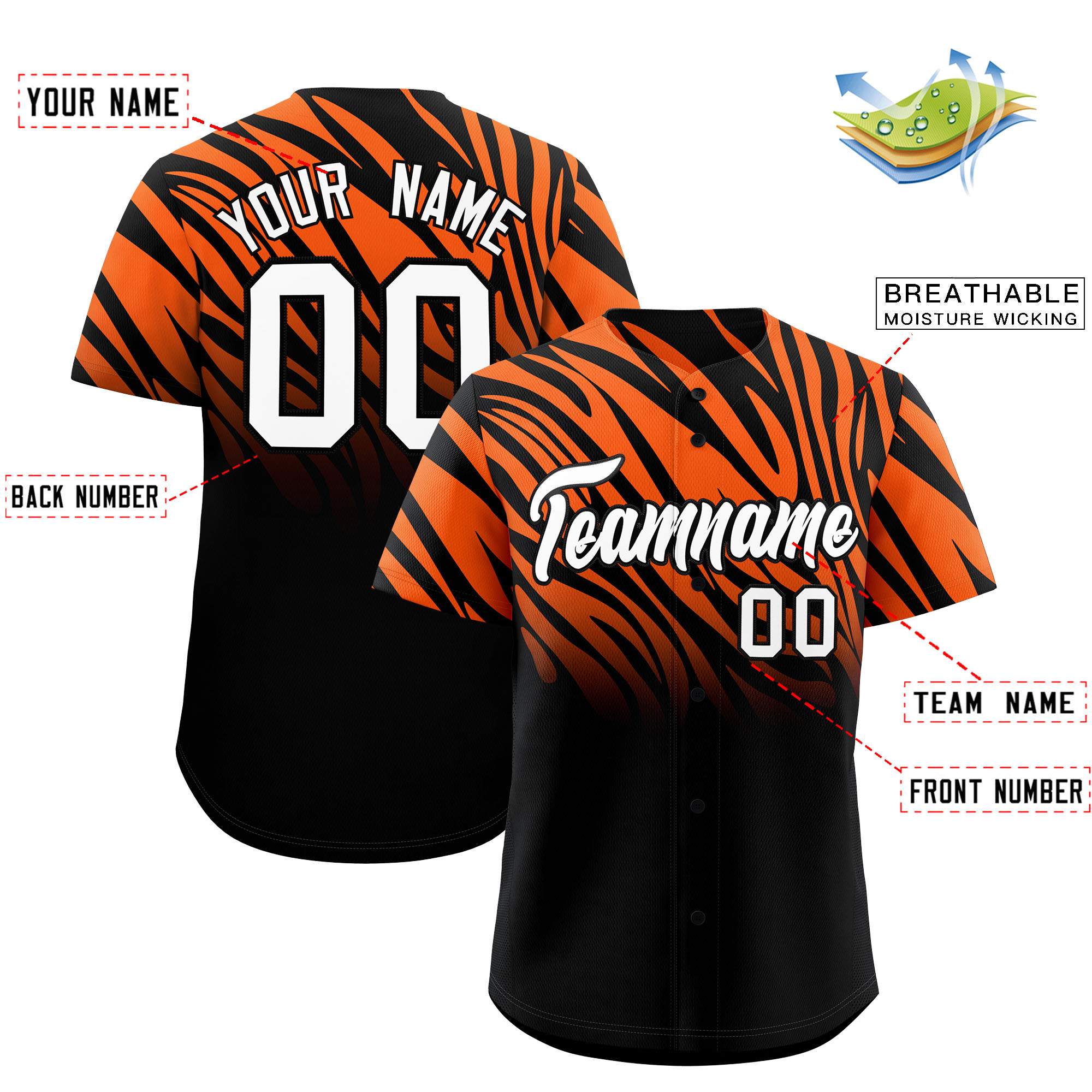 Custom Orange Black Tiger Stripe Gradient Animal Print Personalized Team Shirt Baseball Jersey
