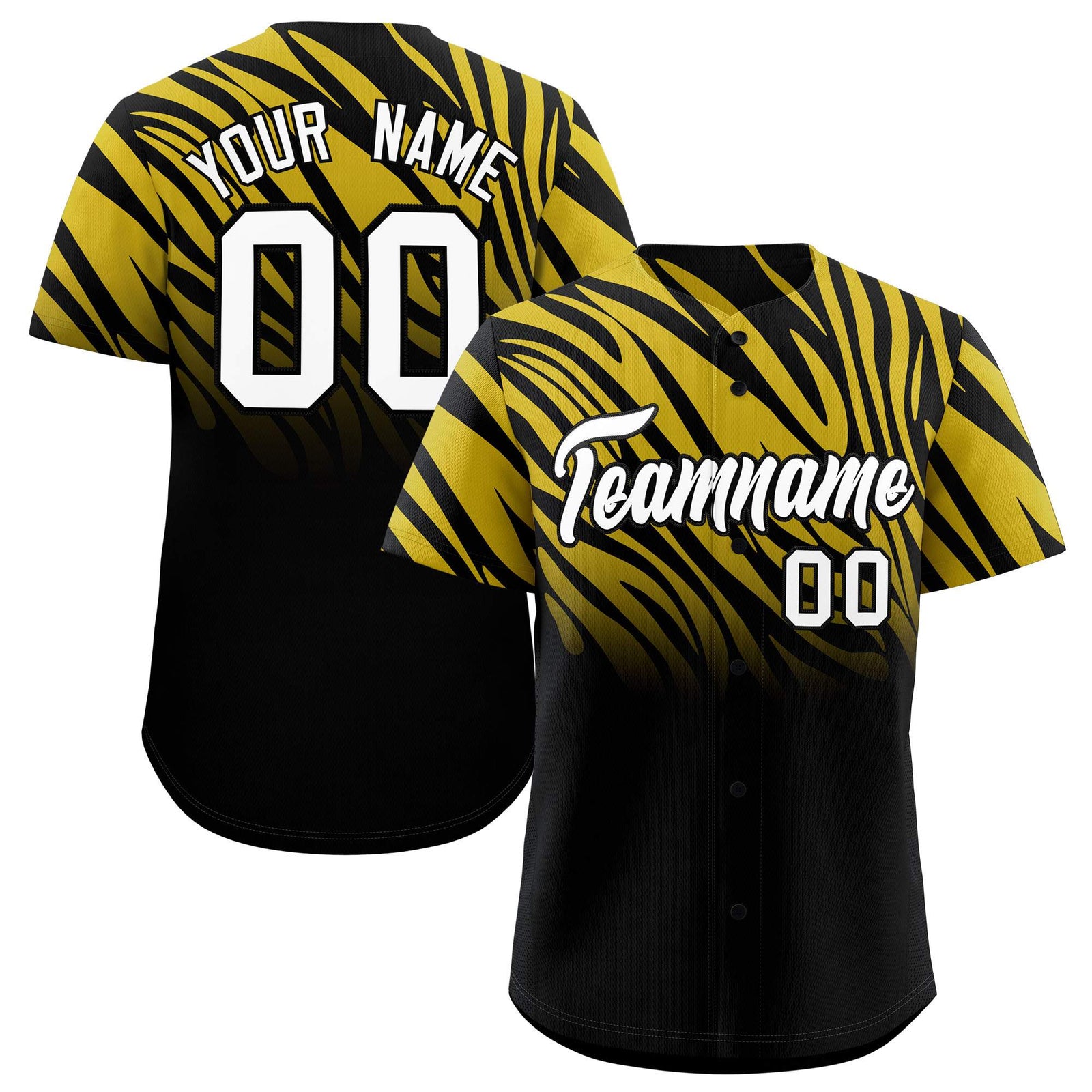 Custom Old Gold Black Tiger Stripe Gradient Animal Print Personalized Team Shirt Baseball Jersey