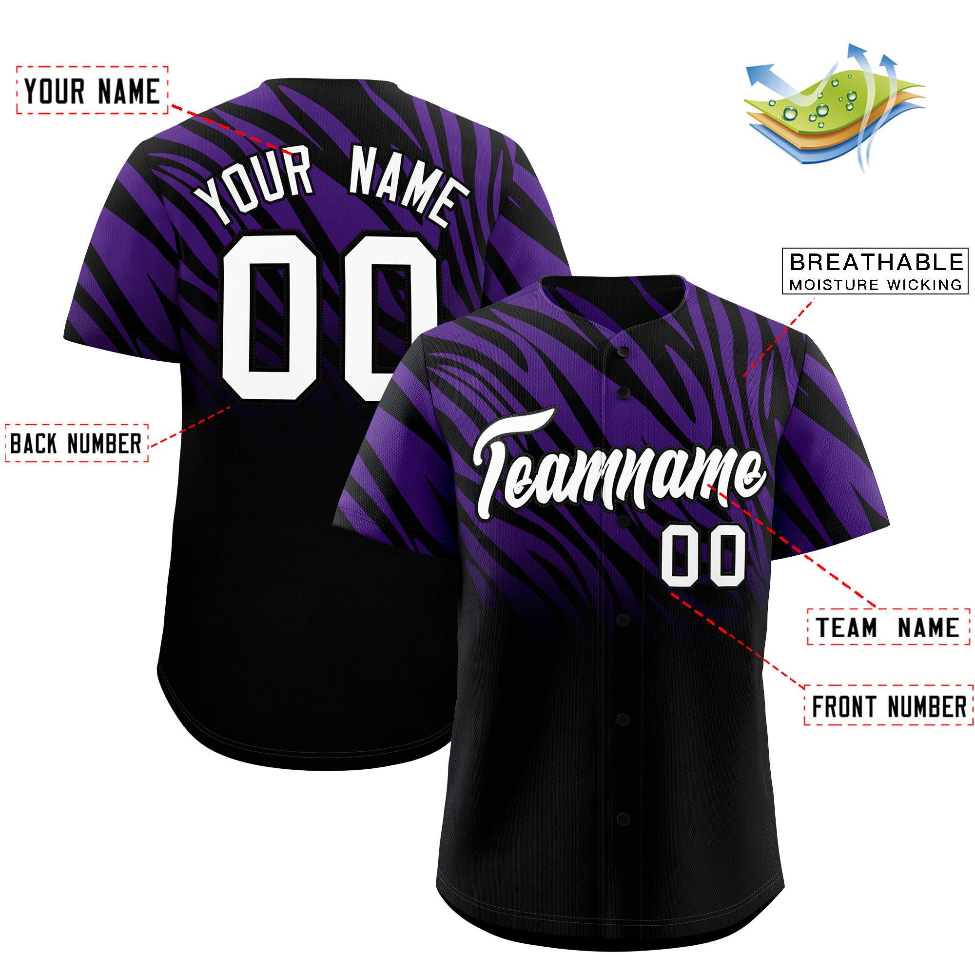 Custom Purple Black Tiger Stripe Gradient Animal Print Personalized Team Shirt Baseball Jersey