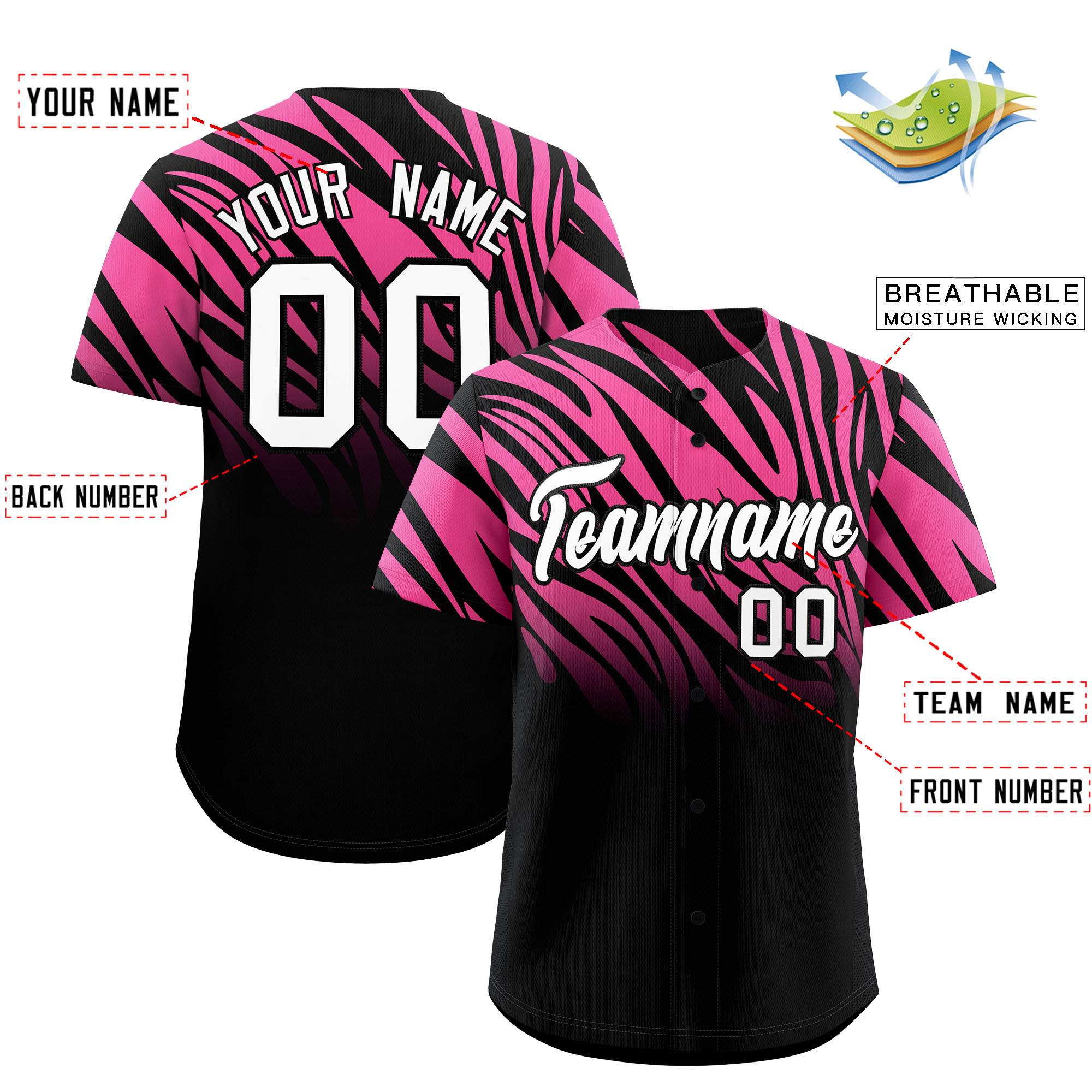 Custom Pink Black Tiger Stripe Gradient Animal Print Personalized Team Shirt Baseball Jersey