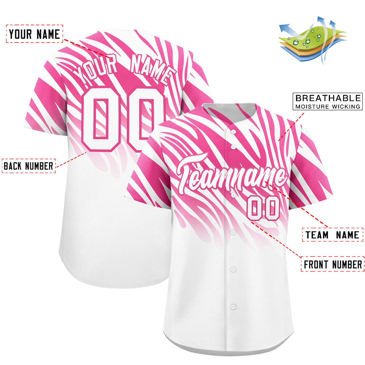 Custom Pink White Tiger Stripe Gradient Animal Print Personalized Team Shirt Baseball Jersey