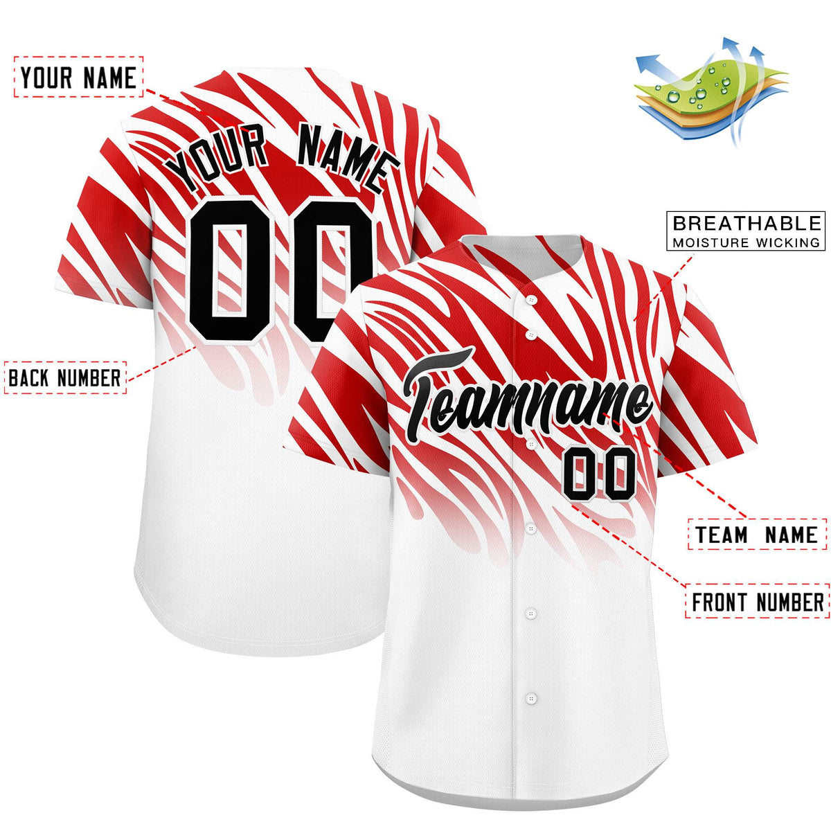 Custom Red White Tiger Stripe Gradient Animal Print Personalized Team Shirt Baseball Jersey