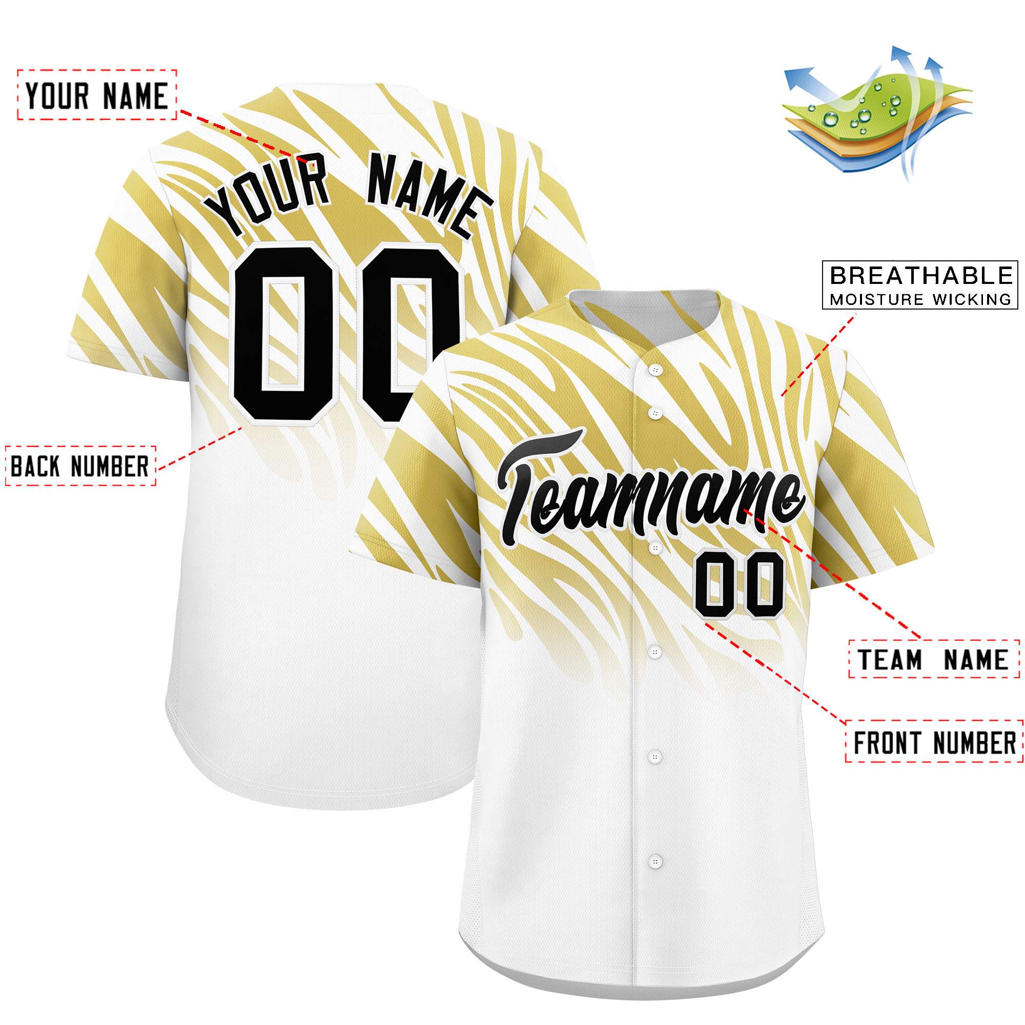 Custom Old Gold White Tiger Stripe Gradient Animal Print Personalized Team Shirt Baseball Jersey