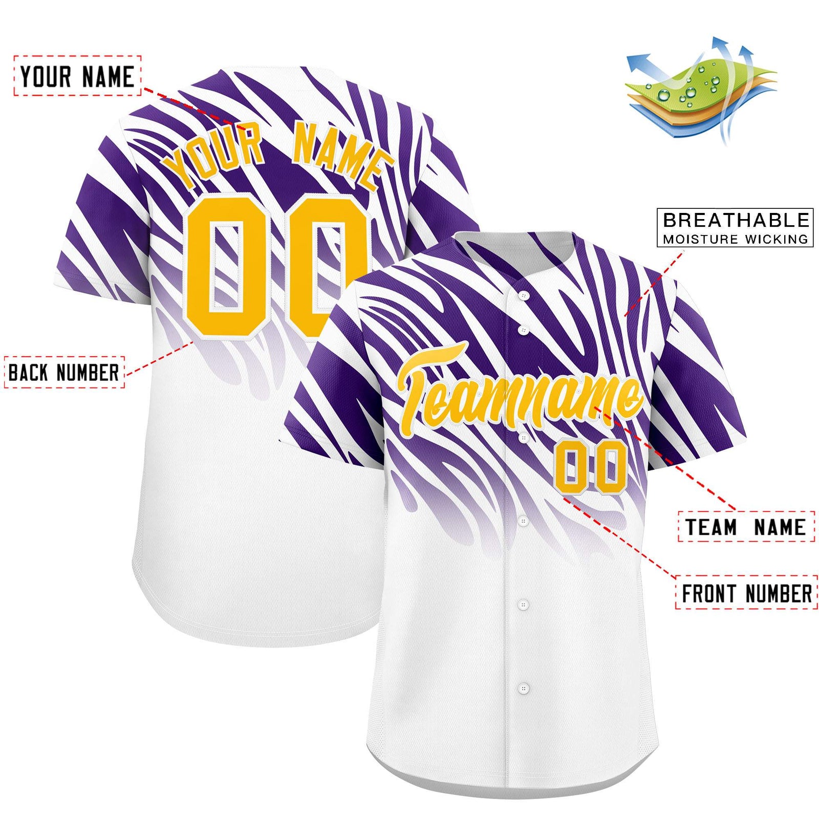 Custom Purple White Tiger Stripe Gradient Animal Print Personalized Team Shirt Baseball Jersey