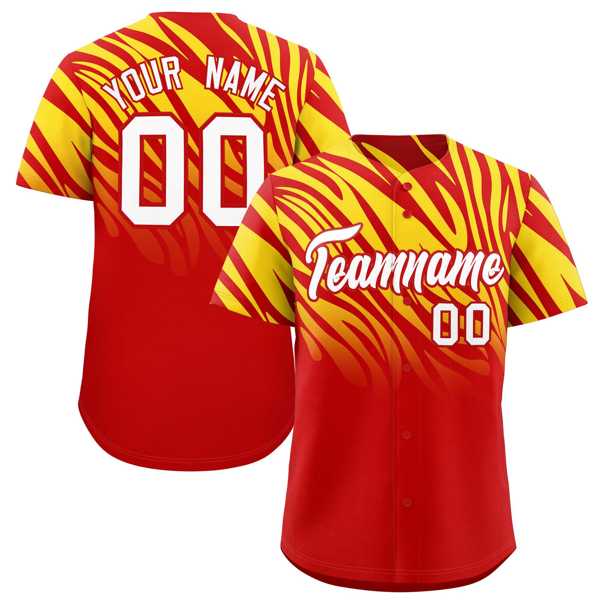 Custom Red Gold Tiger Stripe Gradient Animal Print Personalized Team Shirt Baseball Jersey