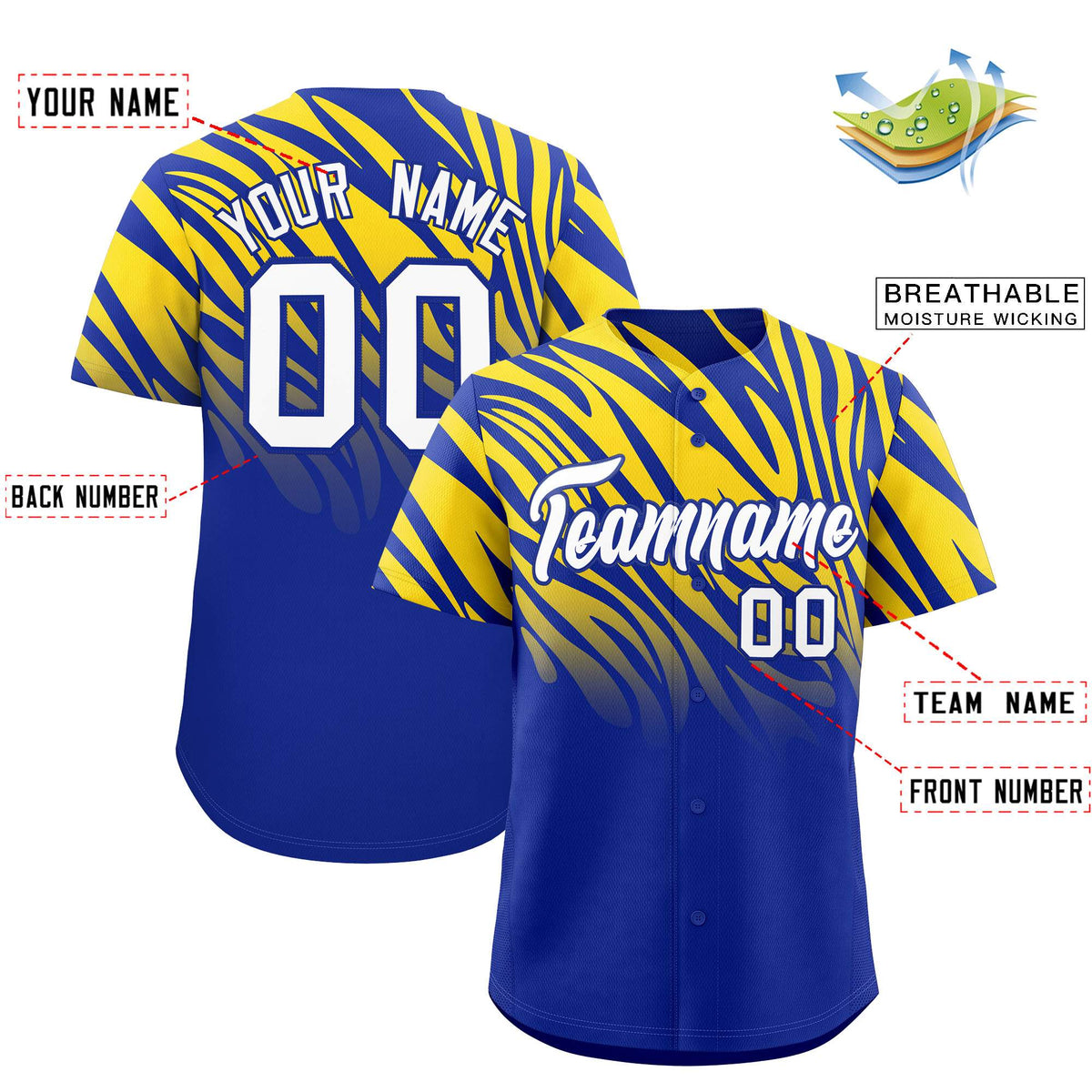 Custom Royal Gold Tiger Stripe Gradient Animal Print Personalized Team Shirt Baseball Jersey