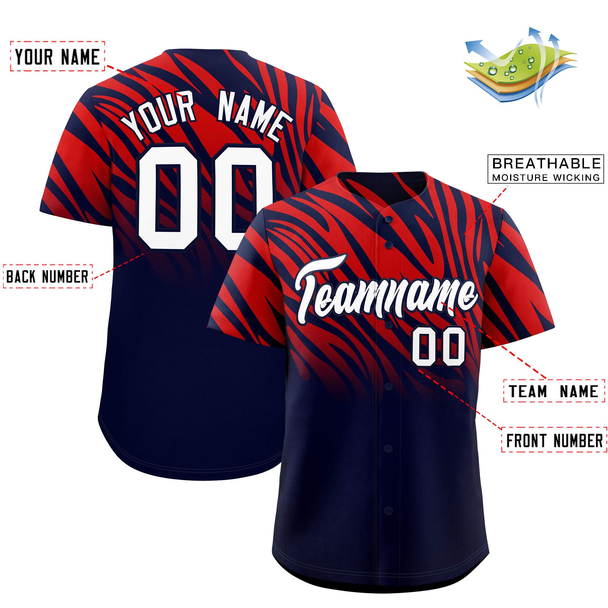 Custom Red Navy Tiger Stripe Gradient Animal Print Personalized Team Shirt Baseball Jersey