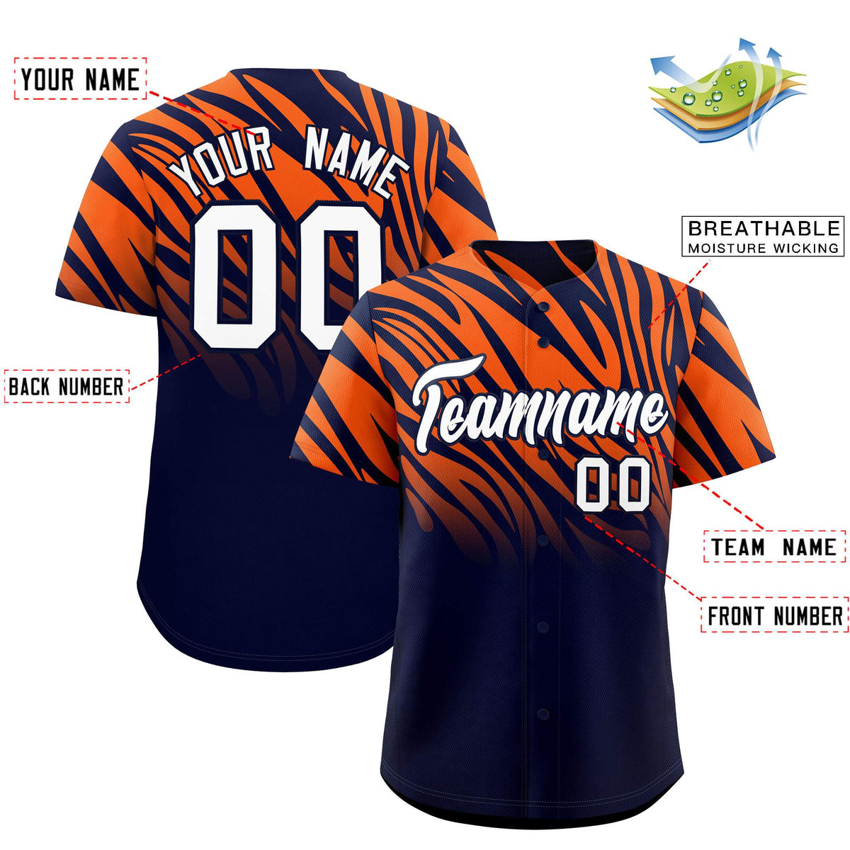 Custom Navy Orange Tiger Stripe Gradient Animal Print Personalized Team Shirt Baseball Jersey