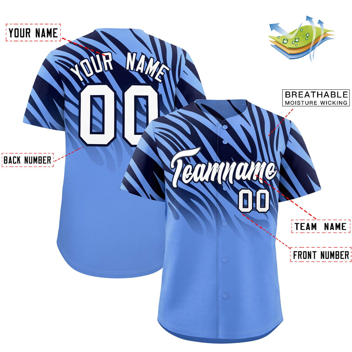 Custom Light Blue Navy Tiger Stripe Gradient Animal Print Personalized Team Shirt Baseball Jersey