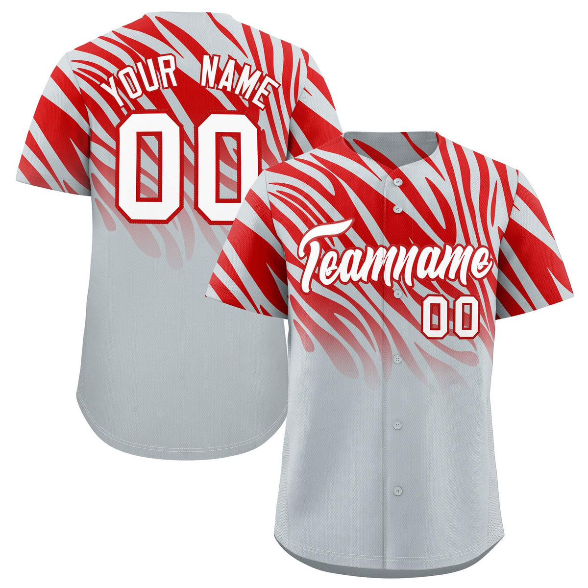 Custom Red Silver Tiger Stripe Gradient Animal Print Personalized Team Shirt Baseball Jersey