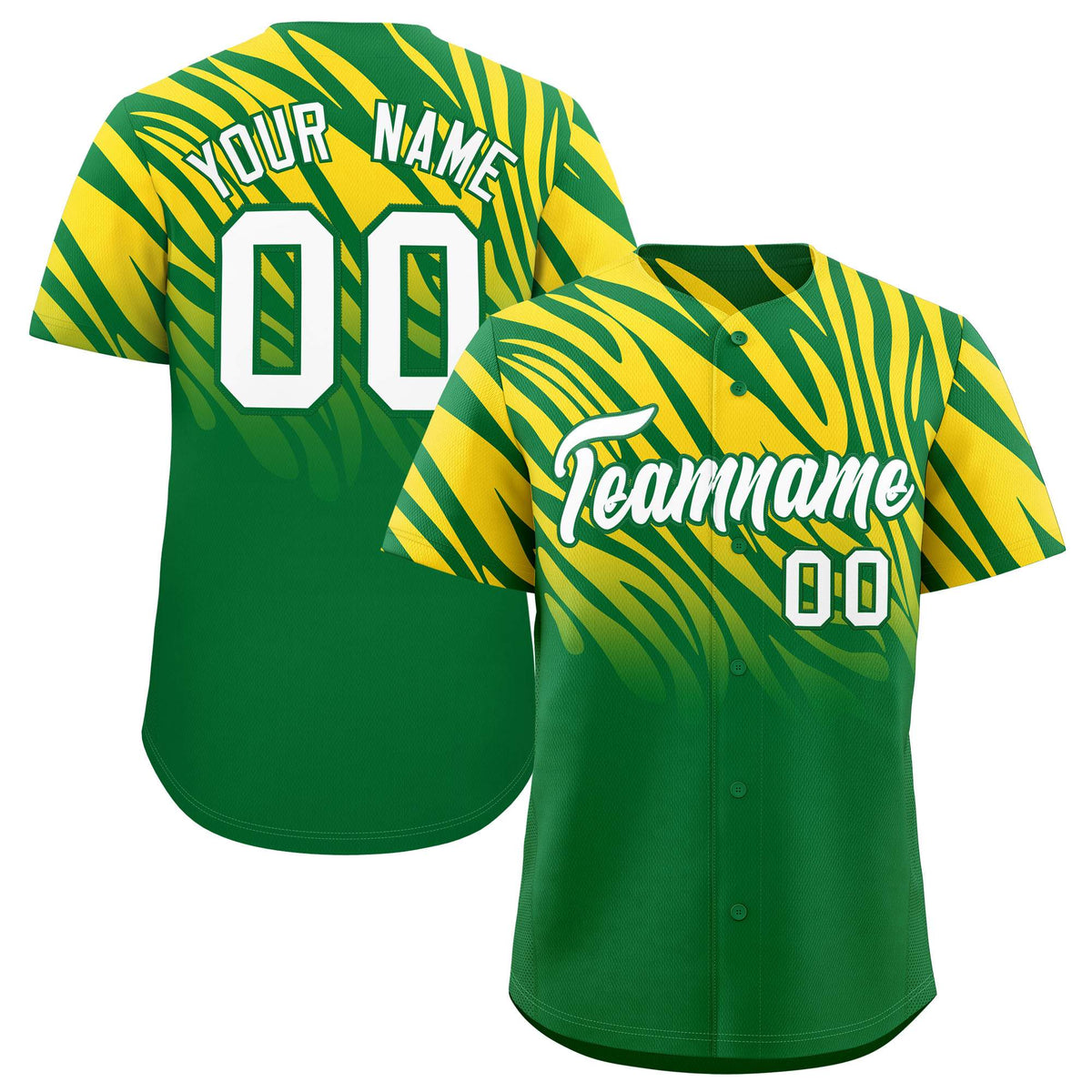 Custom Gold Kelly Green Tiger Stripe Gradient Animal Print Personalized Team Shirt Baseball Jersey