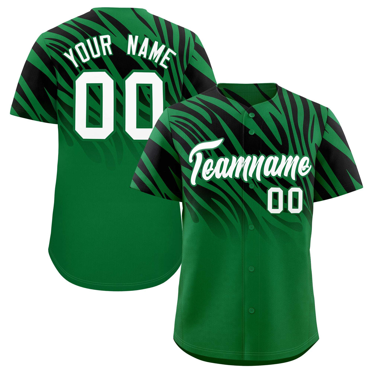 Custom Kelly Green Black Tiger Stripe Gradient Animal Print Personalized Team Shirt Baseball Jersey