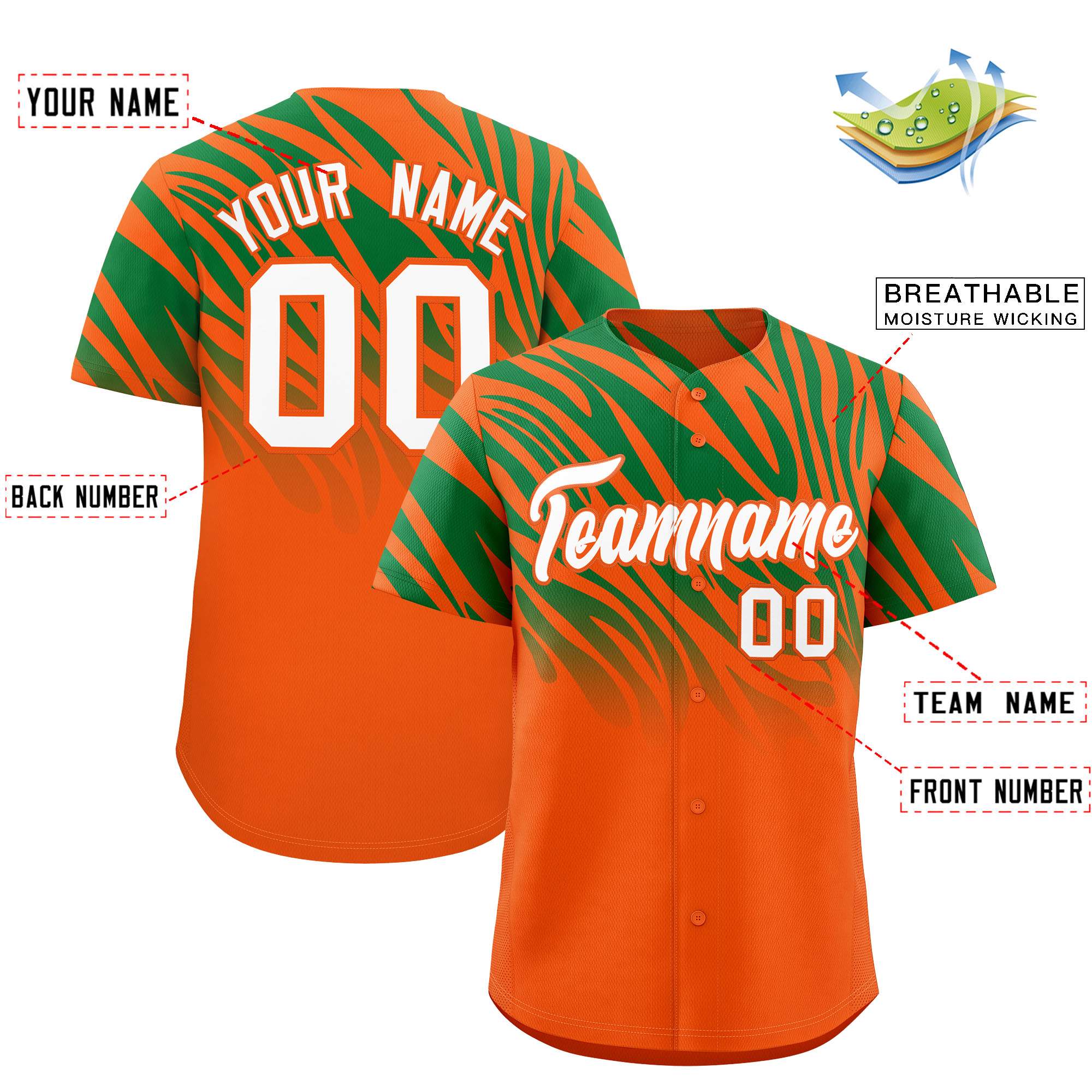 Custom Orange Kelly Green Tiger Stripe Gradient Animal Print Personalized Team Shirt Baseball Jersey