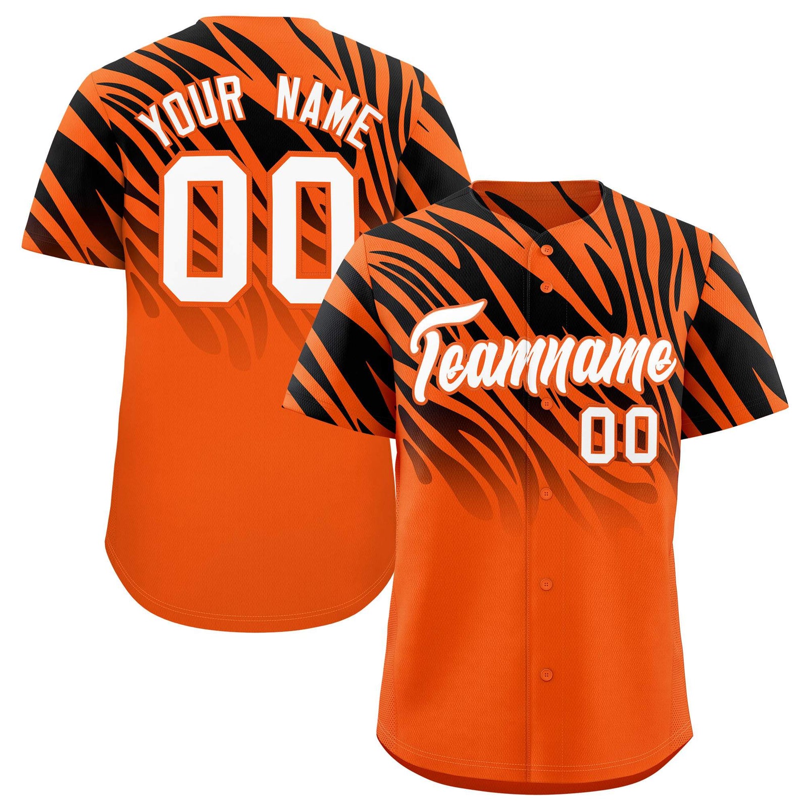 Custom Black Orange Tiger Stripe Gradient Animal Print Personalized Team Shirt Baseball Jersey