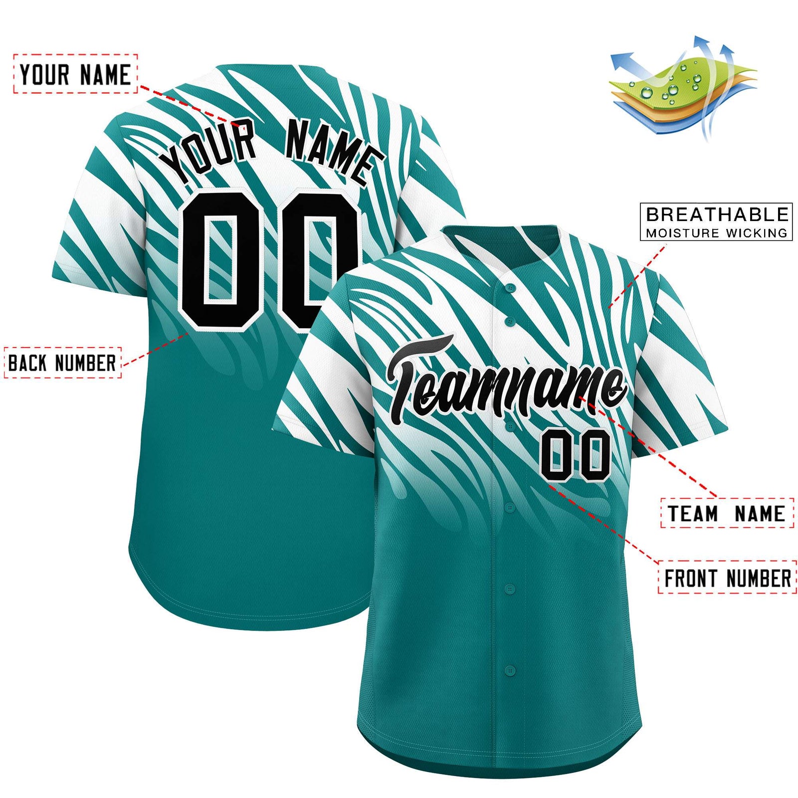 Custom Aqua White Tiger Stripe Gradient Animal Print Personalized Team Shirt Baseball Jersey