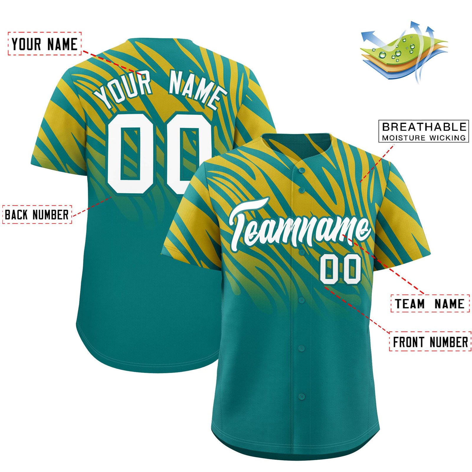 Custom Aqua Old Gold Tiger Stripe Gradient Animal Print Personalized Team Shirt Baseball Jersey
