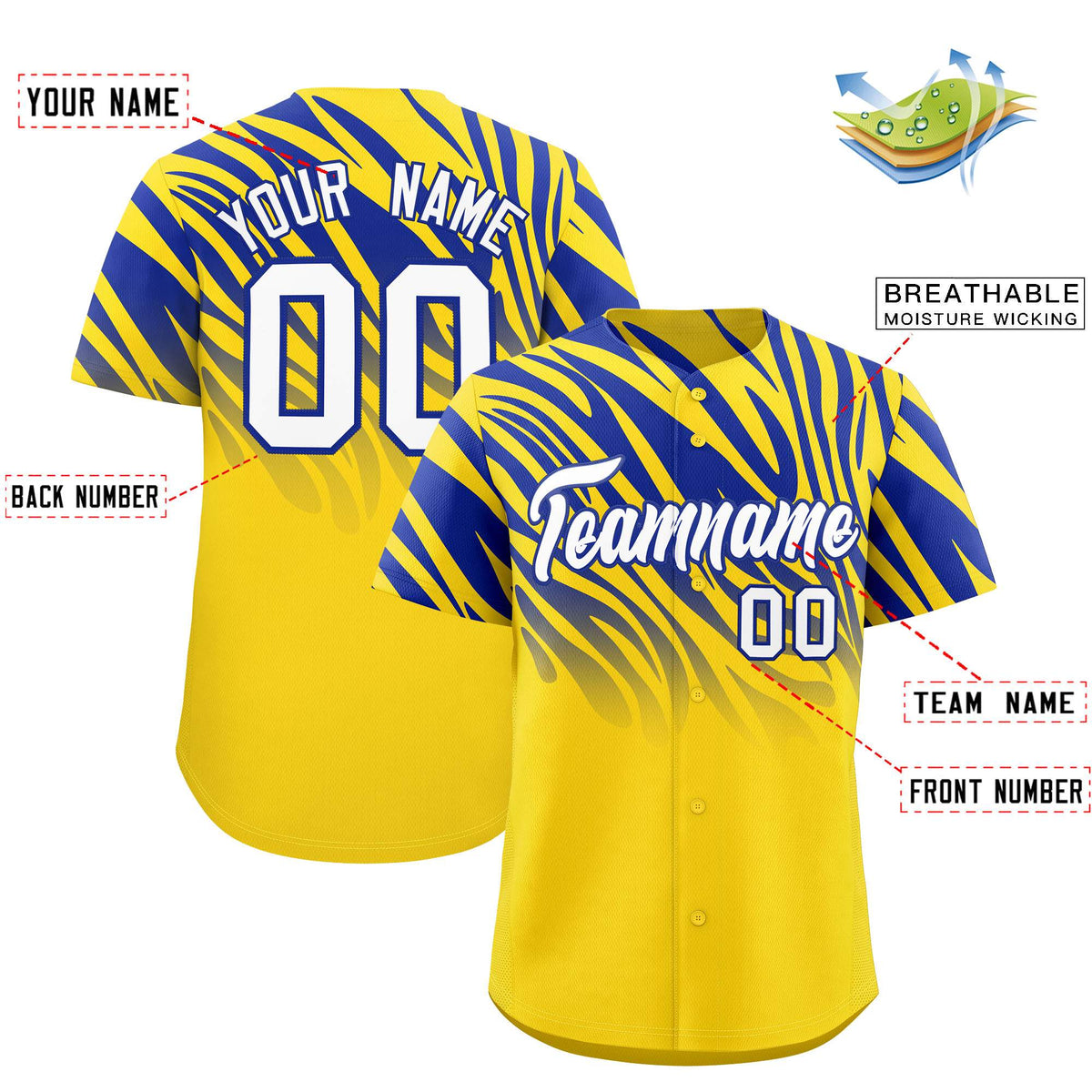 Custom Gold Royal Tiger Stripe Gradient Animal Print Personalized Team Shirt Baseball Jersey