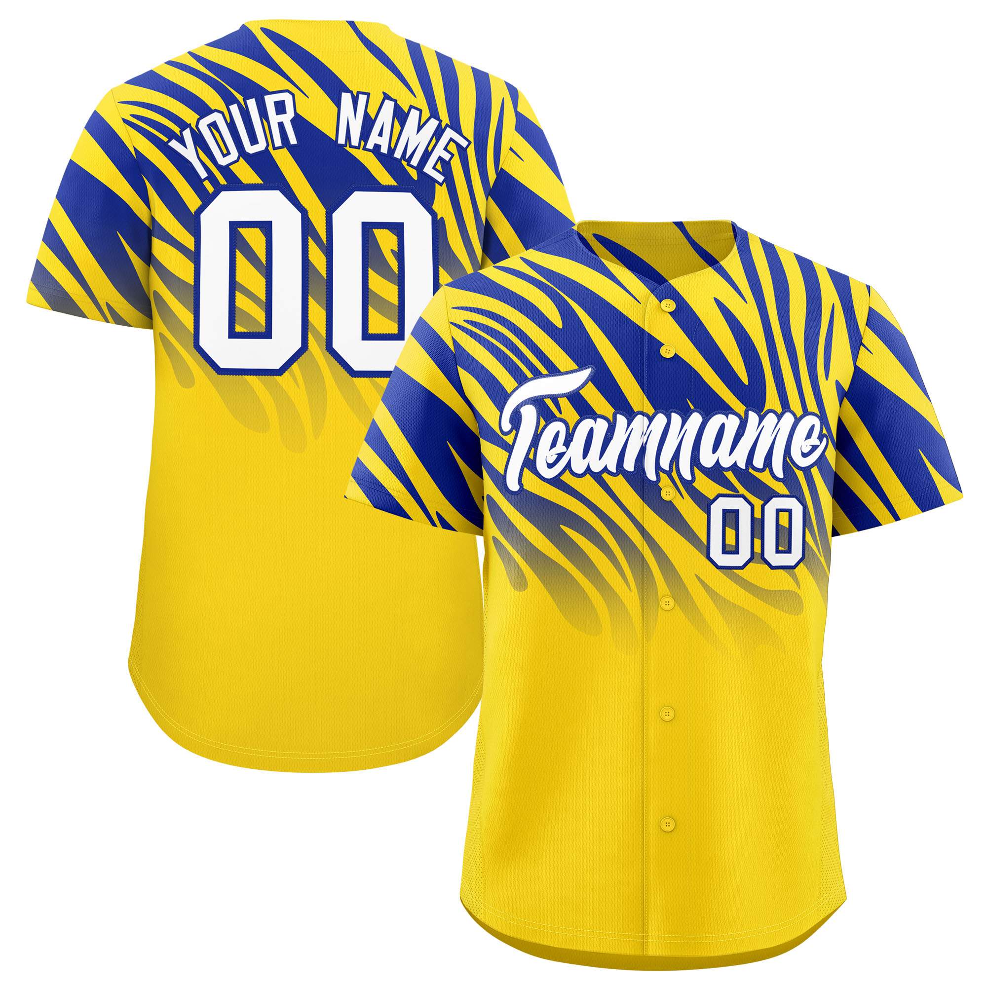 Custom Gold Royal Tiger Stripe Gradient Animal Print Personalized Team Shirt Baseball Jersey