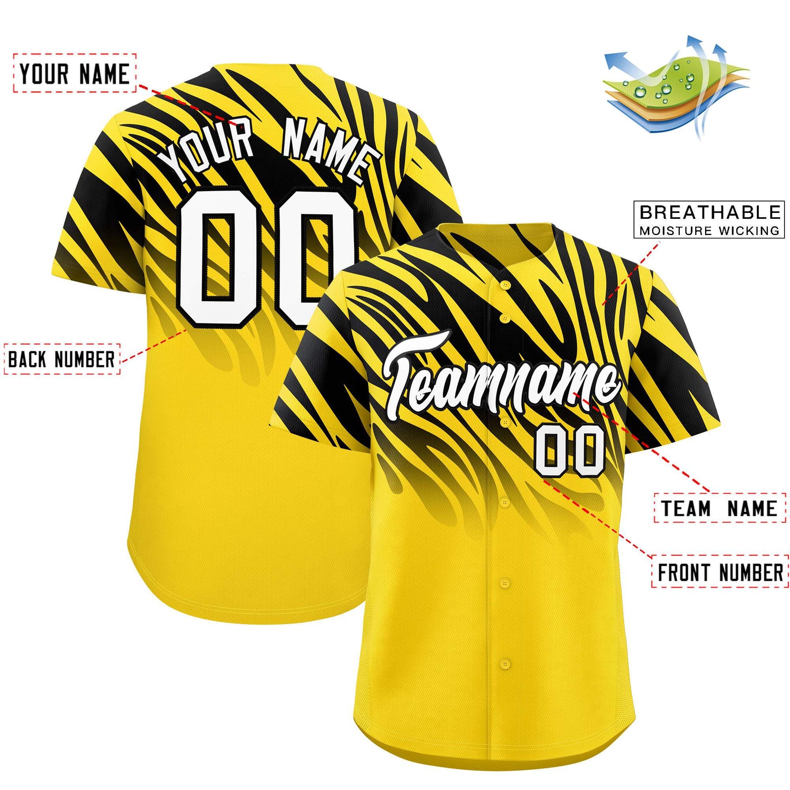 Custom Gold Black Tiger Stripe Gradient Animal Print Personalized Team Shirt Baseball Jersey