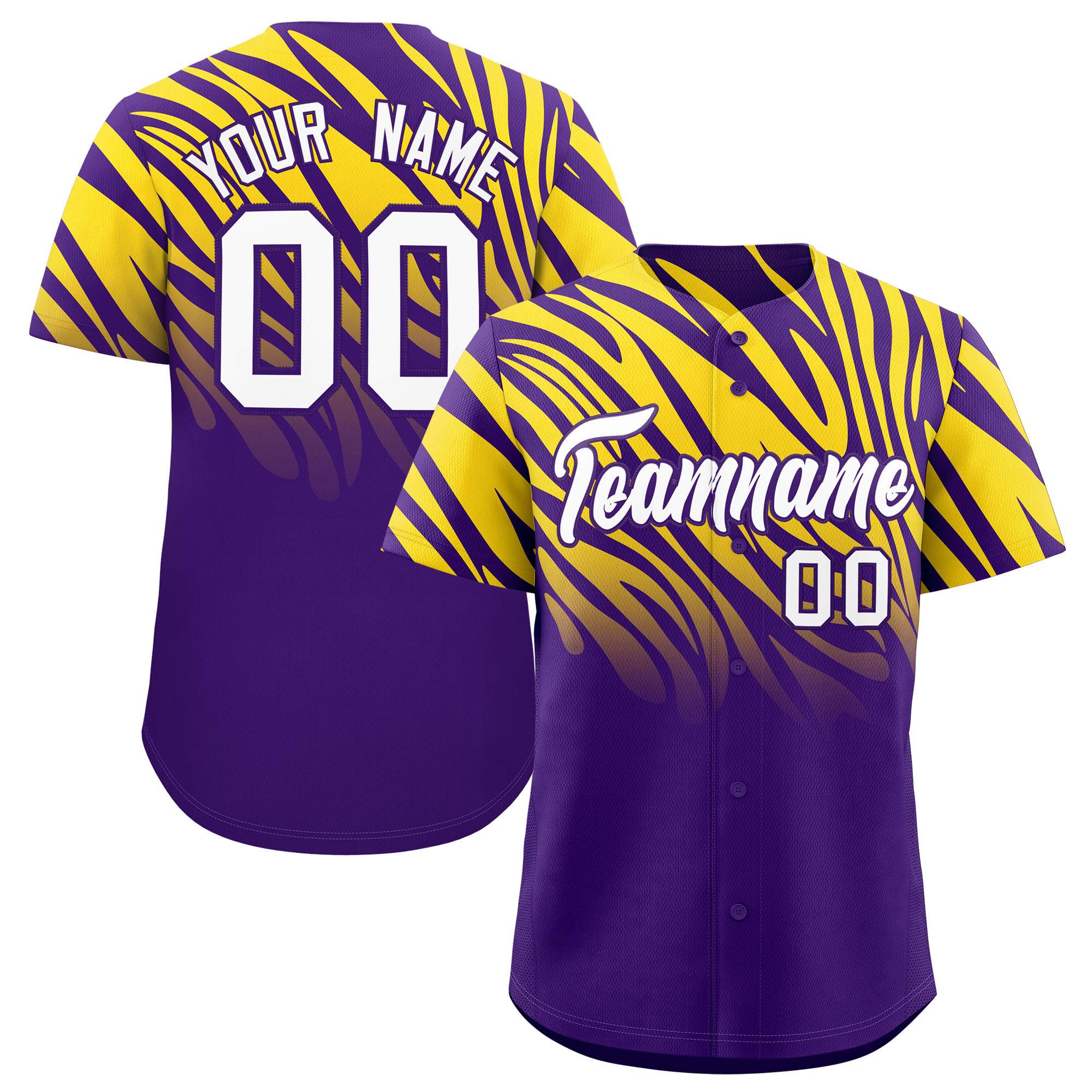 Custom Purple Gold Tiger Stripe Gradient Animal Print Personalized Team Shirt Baseball Jersey