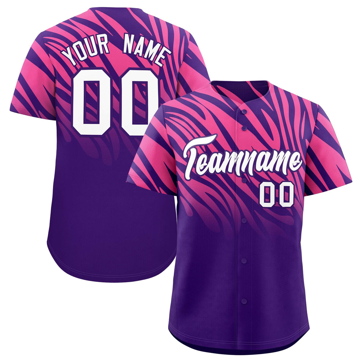 Custom Purple Pink Tiger Stripe Gradient Animal Print Personalized Team Shirt Baseball Jersey