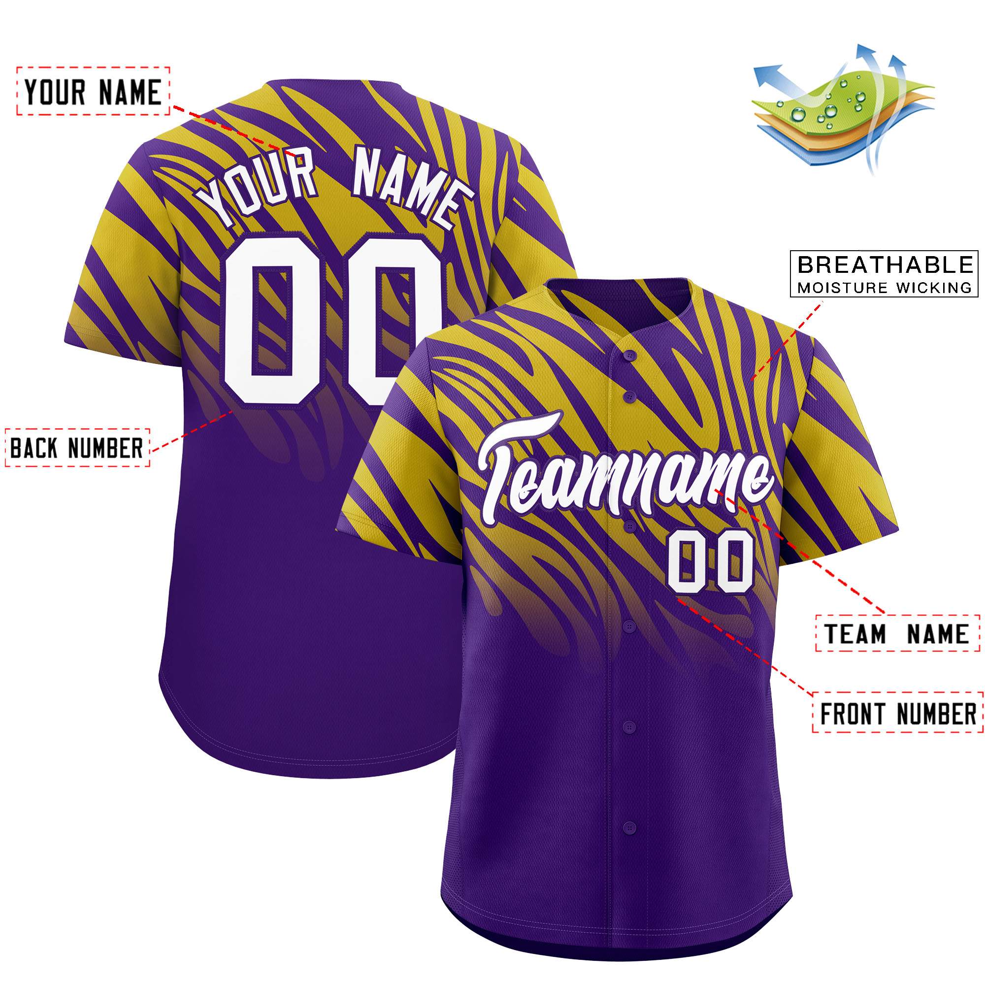 Custom Purple Old Gold Tiger Stripe Gradient Animal Print Personalized Team Shirt Baseball Jersey
