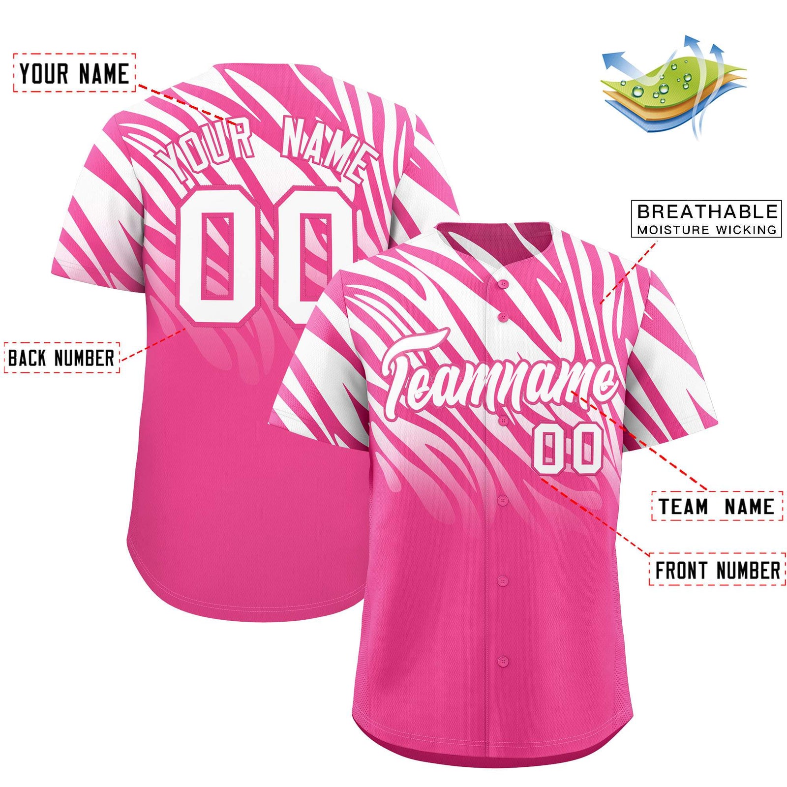 Custom Pink White Tiger Stripe Gradient Animal Print Personalized Team Shirt Baseball Jersey