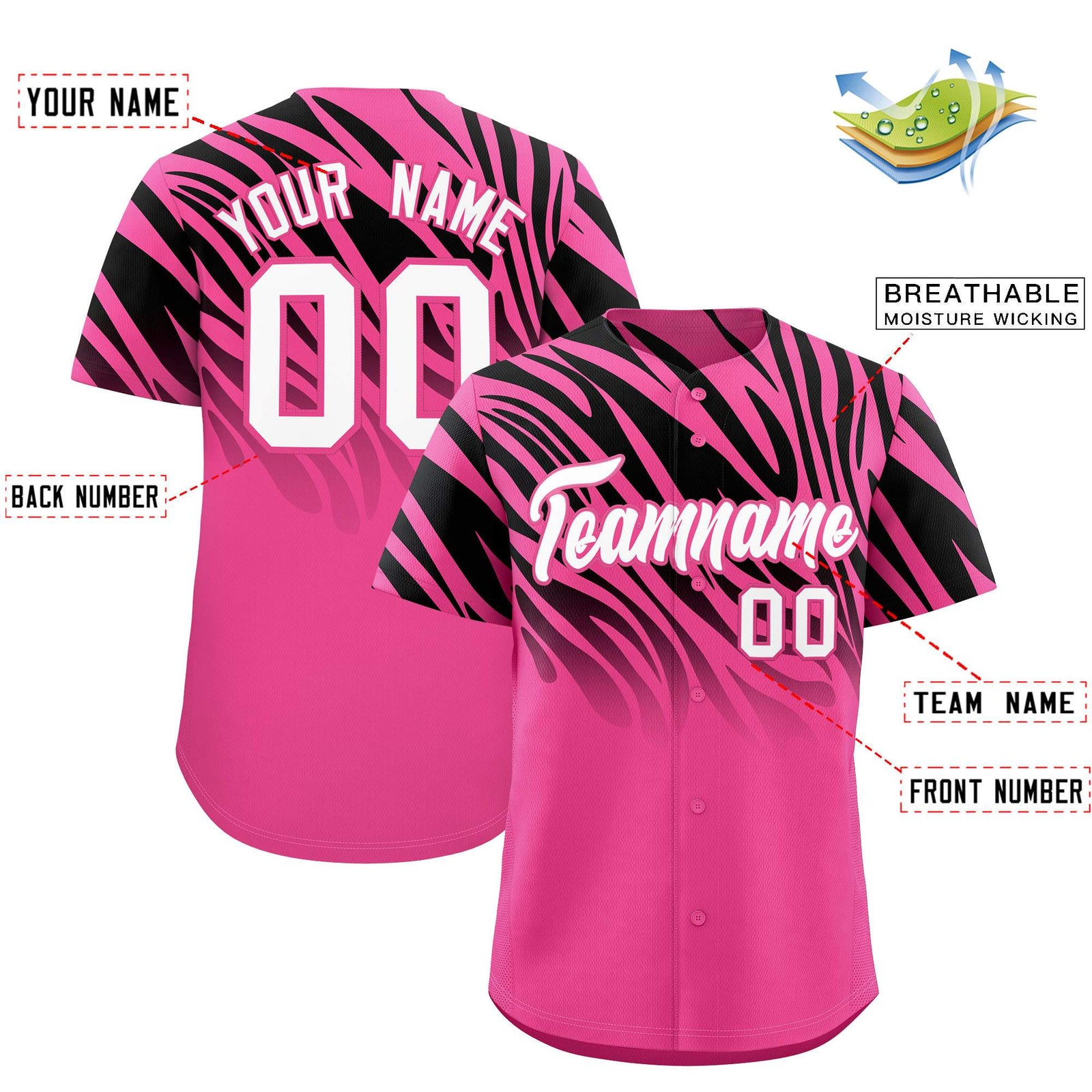 Custom Pink Black Tiger Stripe Gradient Animal Print Personalized Team Shirt Baseball Jersey