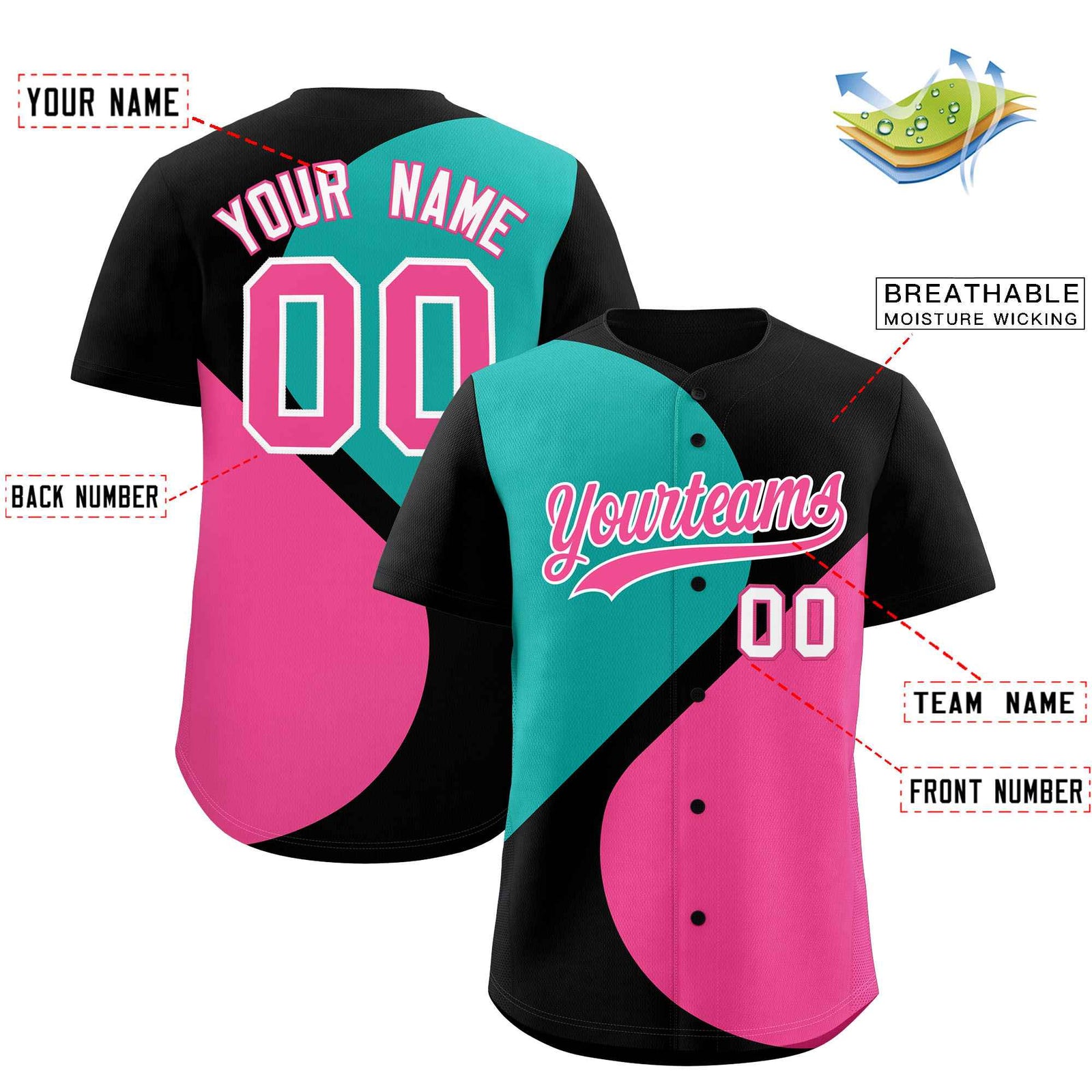 Custom Black Aqua-Pink Color Block Personalized Half Heart Pattern Authentic Baseball Jersey
